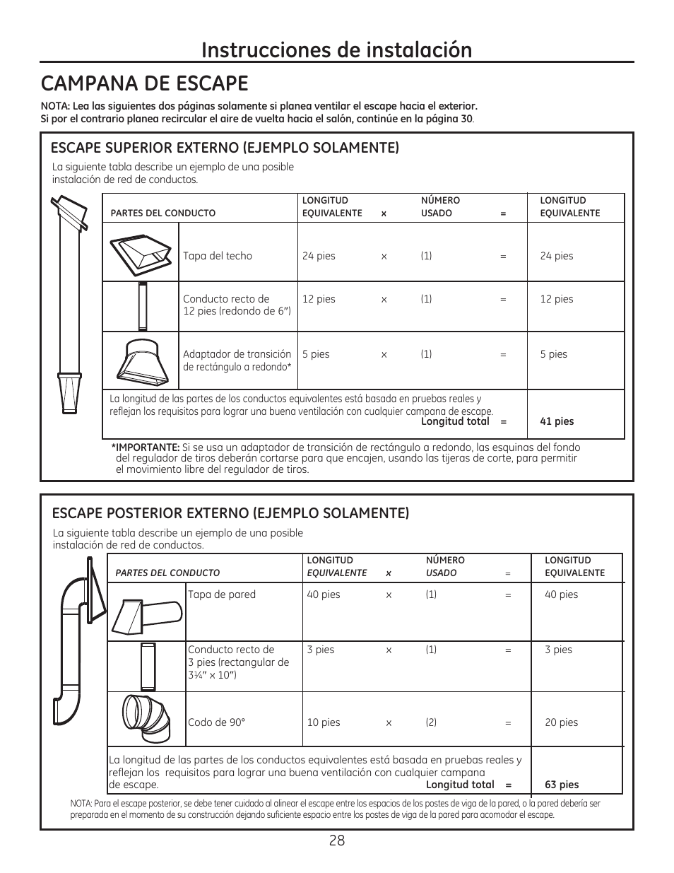 Campana de escape, Instrucciones de instalación, Escape superior externo (ejemplo solamente) | Escape posterior externo (ejemplo solamente) | GE JVM7195EFES User Manual | Page 28 / 48