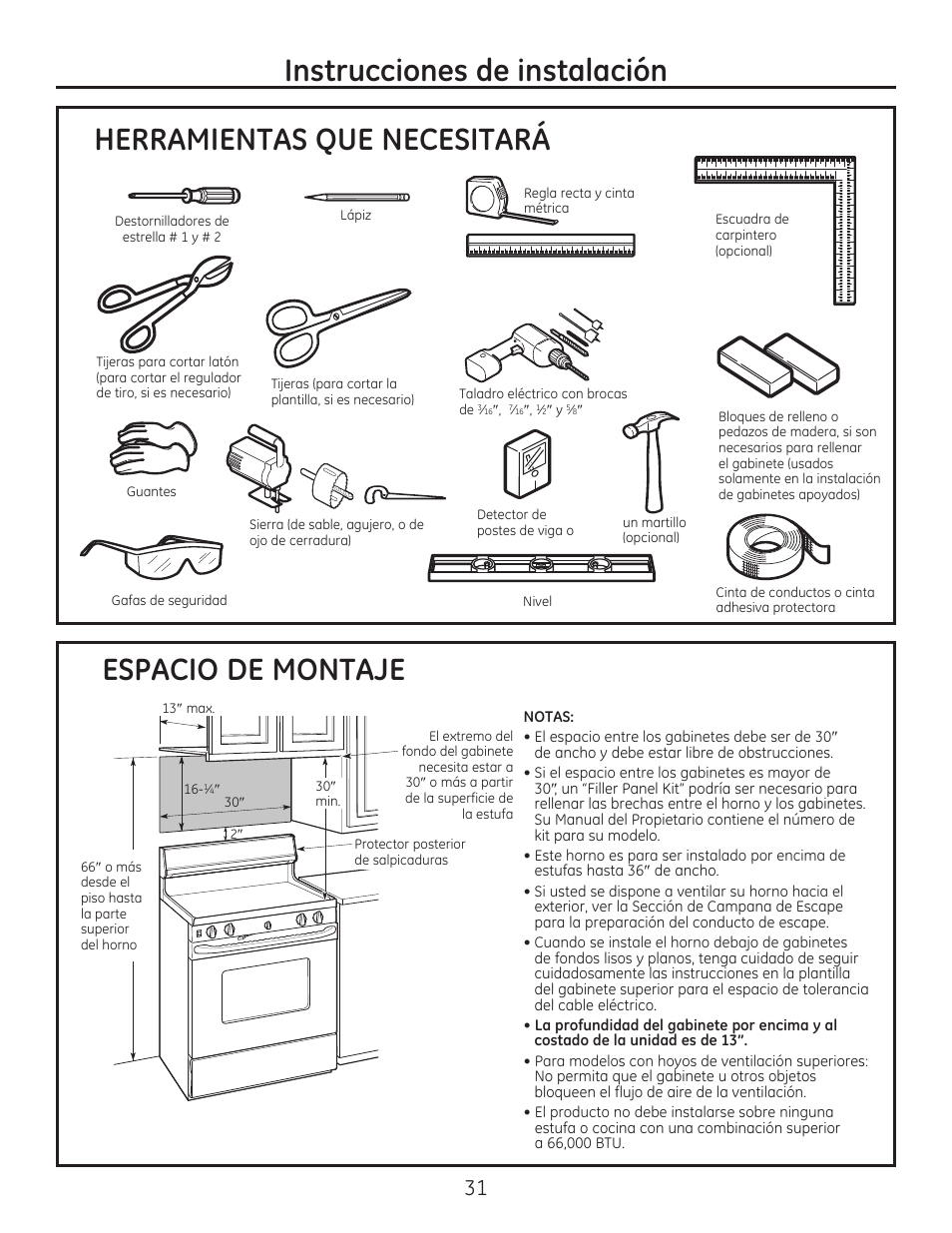 Herramientas que necesitará, Espacio de montaje, Instrucciones de instalación | GE JVM7195EFES User Manual | Page 31 / 48