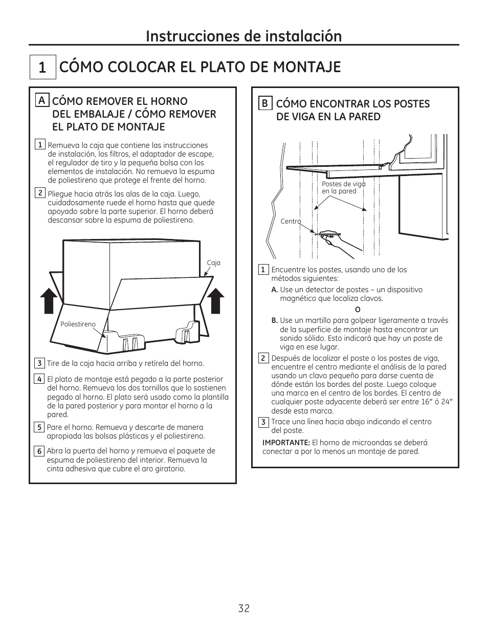 Cómo colocar el plato de montaje 1, Instrucciones de instalación | GE JVM7195EFES User Manual | Page 32 / 48