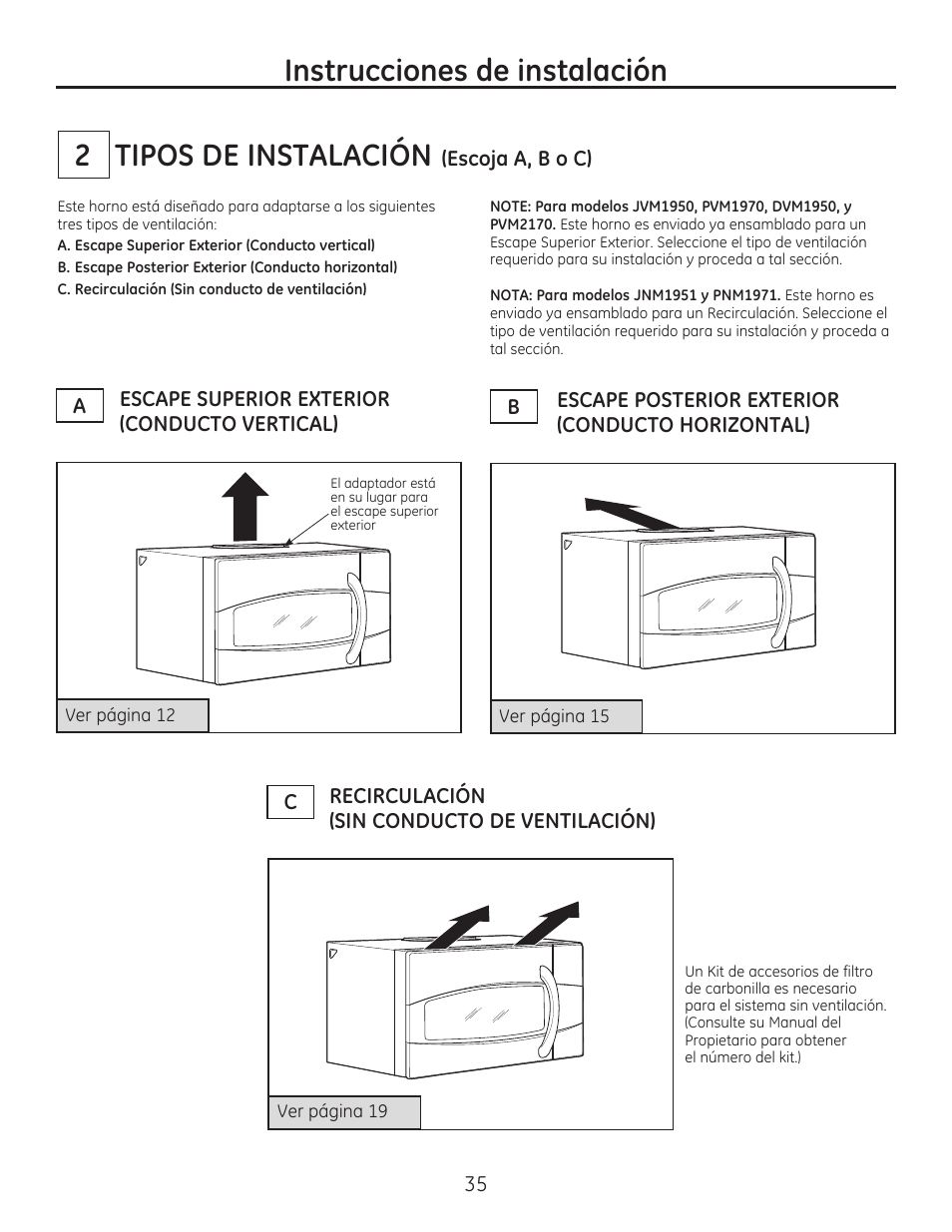 Tipos de instalación, Instrucciones de instalación 2 | GE JVM7195EFES User Manual | Page 35 / 48