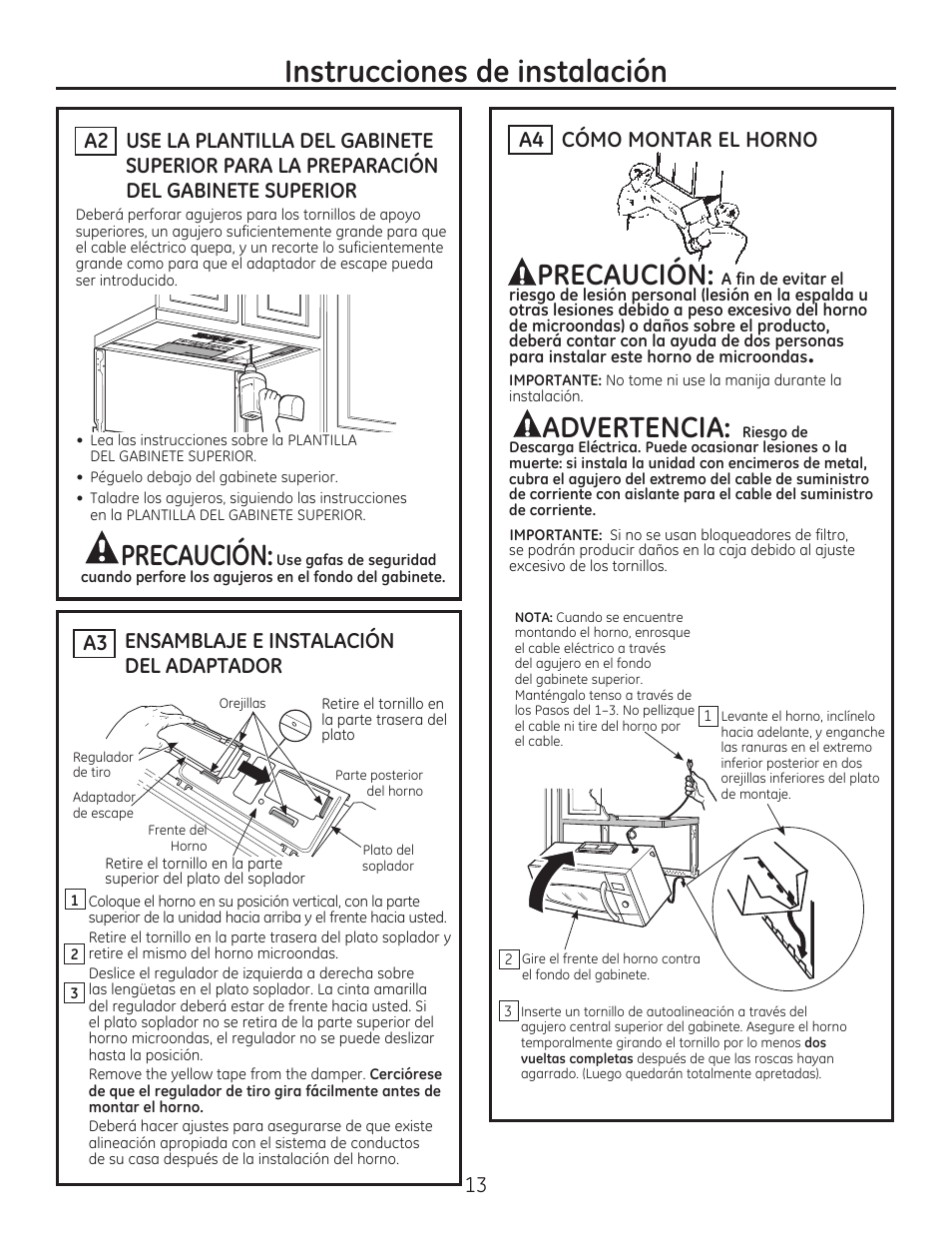 Instrucciones de instalación, Precaución, Advertencia | Ensamblaje e instalación del adaptador a3, Cómo montar el horno a4 | GE JVM7195EFES User Manual | Page 37 / 48