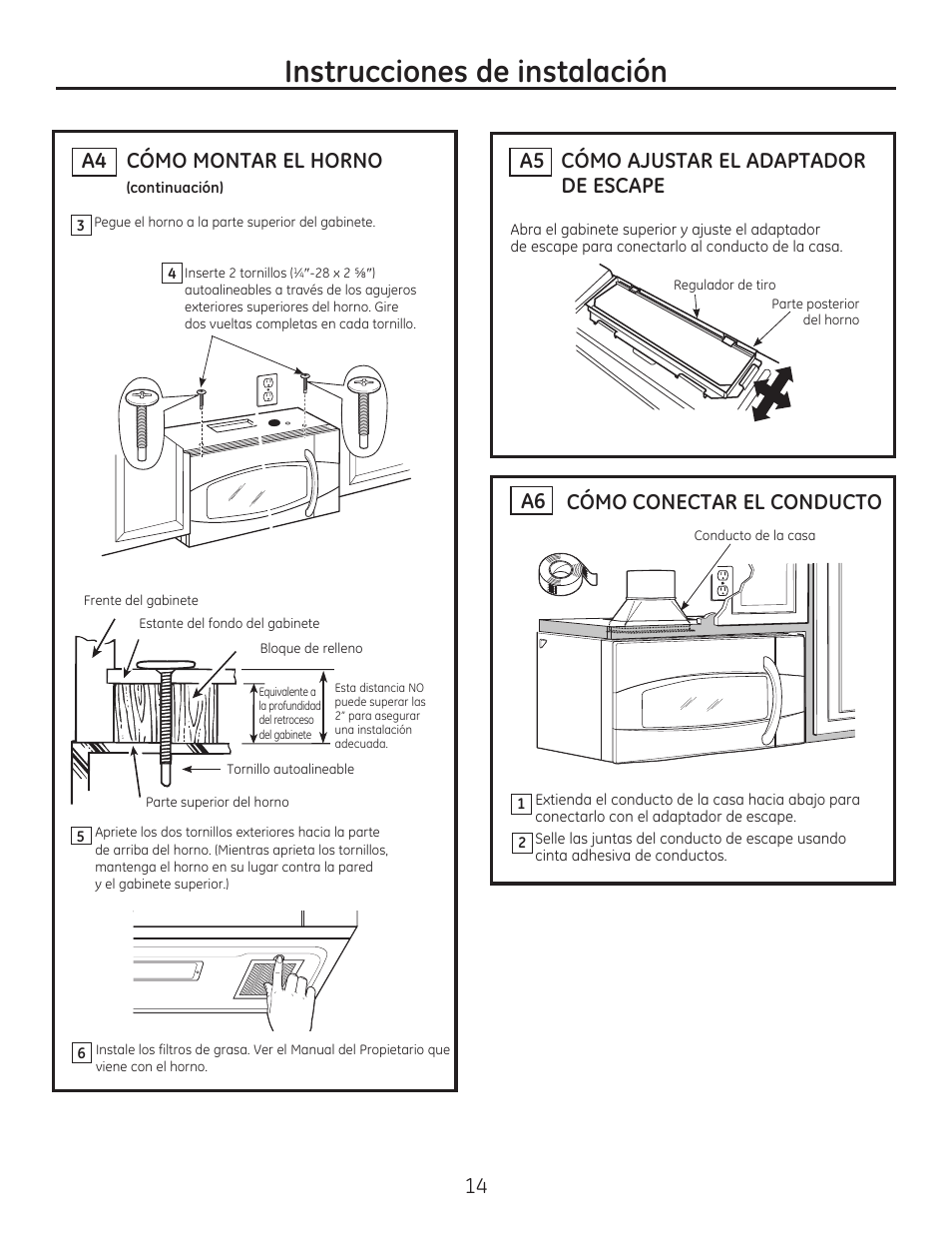 Instrucciones de instalación, Cómo ajustar el adaptador de escape a5, Cómo conectar el conducto | Cómo montar el horno | GE JVM7195EFES User Manual | Page 38 / 48