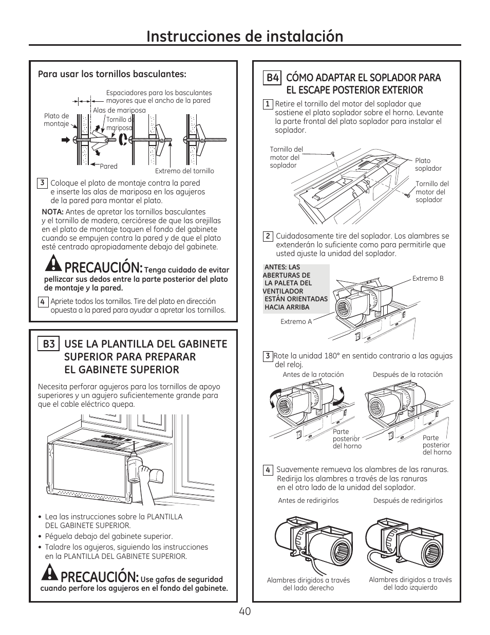 Instrucciones de instalación, Precaución | GE JVM7195EFES User Manual | Page 40 / 48