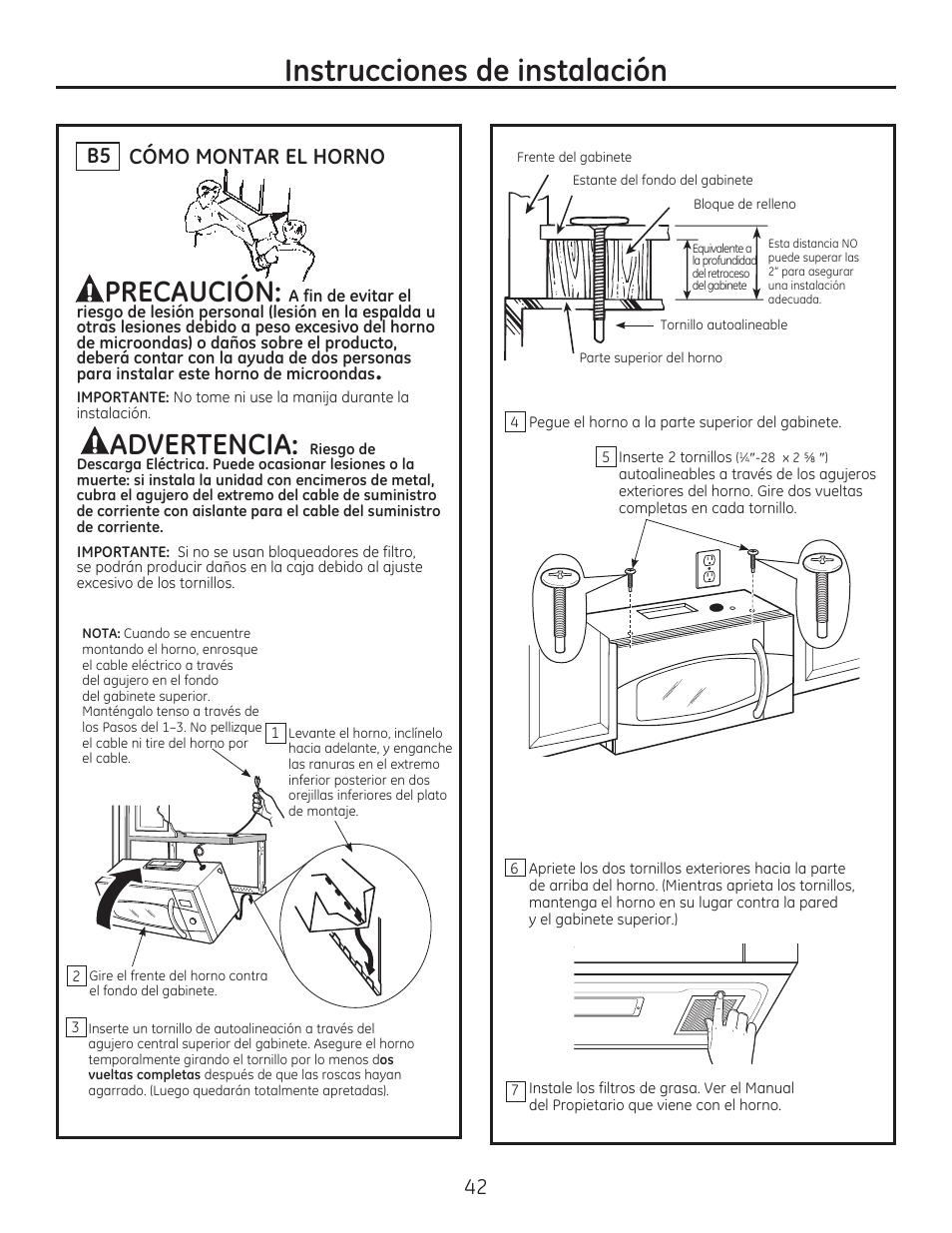 Instrucciones de instalación, Precaución, Advertencia | Cómo montar el horno b5 | GE JVM7195EFES User Manual | Page 42 / 48