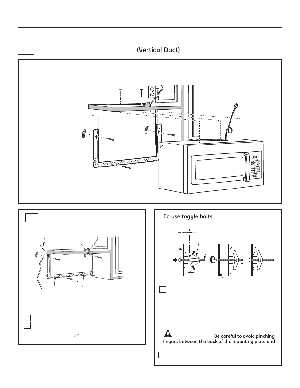 Outside top exhaust, Installation instructions, Caution | 9huwlfdo'xfw, Attach the mounting plate to the wall b1 17, Installation overview, 7rxvhwrjjoherowv | GE JVM3160DFWW User Manual | Page 17 / 52