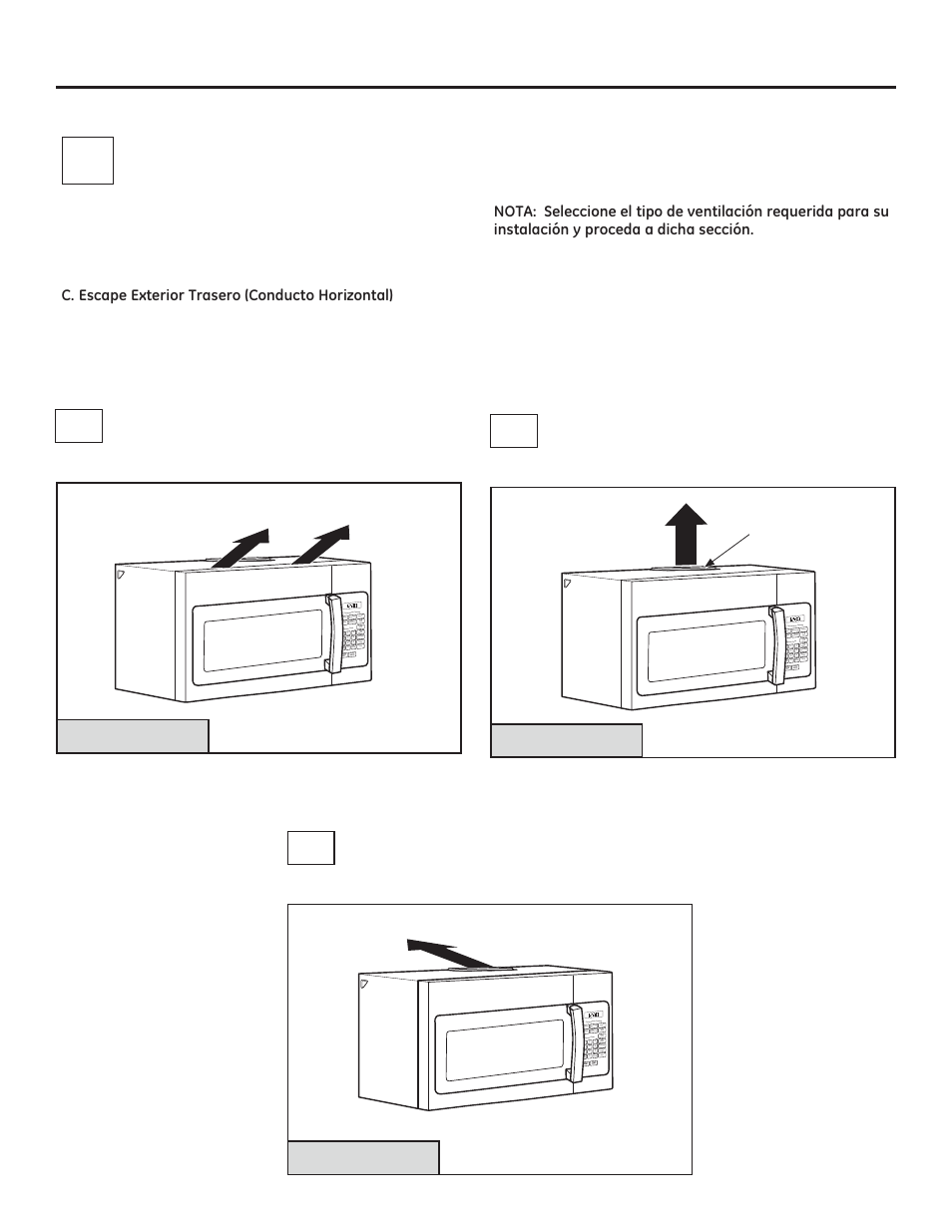 Instrucciones de instalación, Tipos de instalación, Bescape exterior superior (conducto vertical) | Escape exterior trasero (conducto horizontal), Crecirculación (sin conductos no ventilados), Elija a, b o c), Lea la página 17, Lea la página 21, Lea la página 13 | GE JVM3160DFWW User Manual | Page 38 / 52