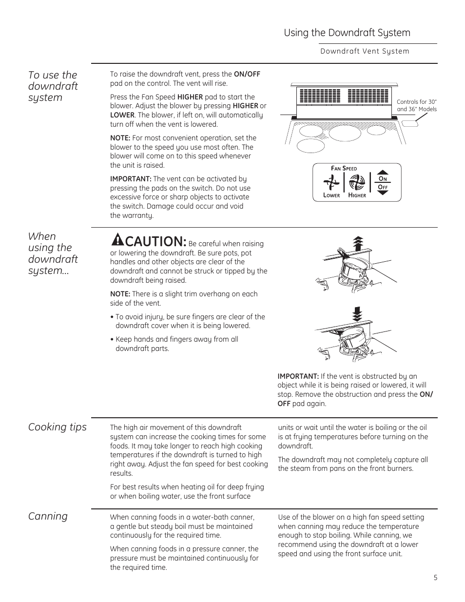 Caution, Using the downdraft system, When using the downdraft system | Cooking tips, Canning | GE PVB94STSS User Manual | Page 5 / 20