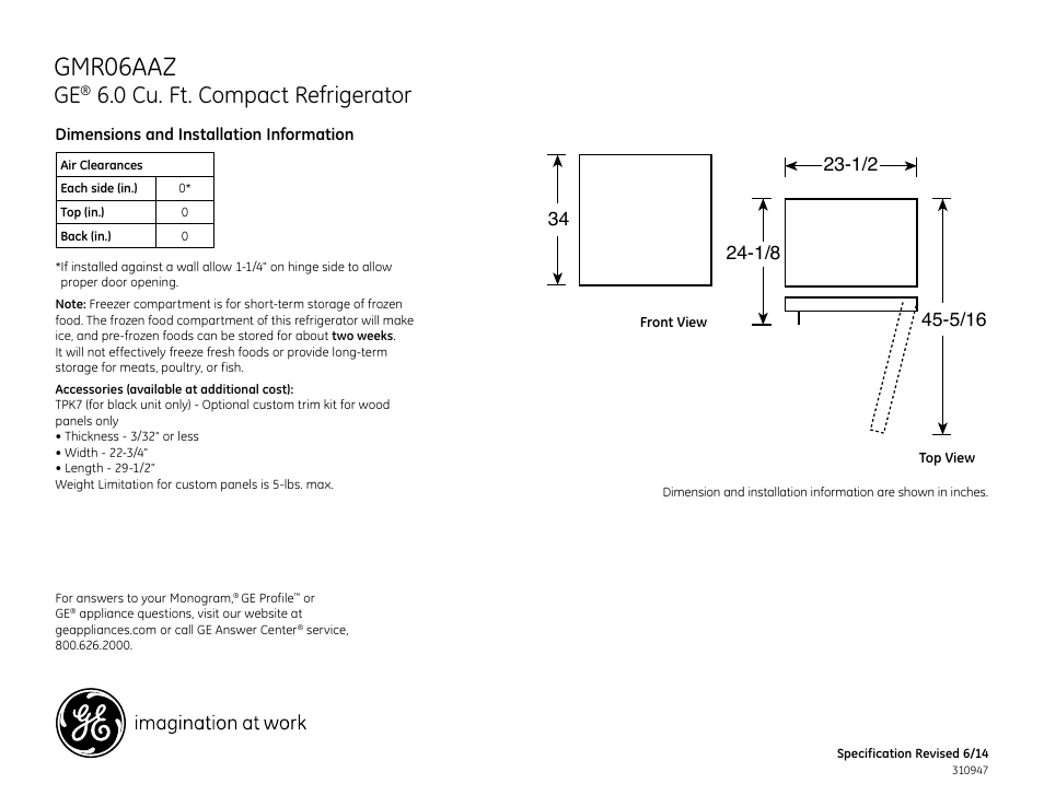 GE GMR06AAZBB User Manual | 2 pages