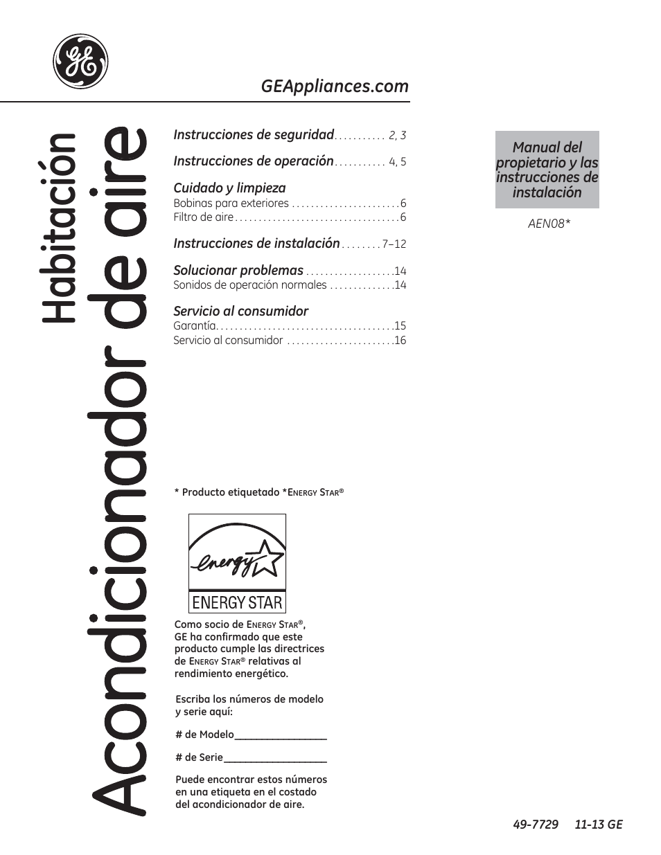 Acondicionador de aire, Habitación | GE AEN08LQ User Manual | Page 17 / 32