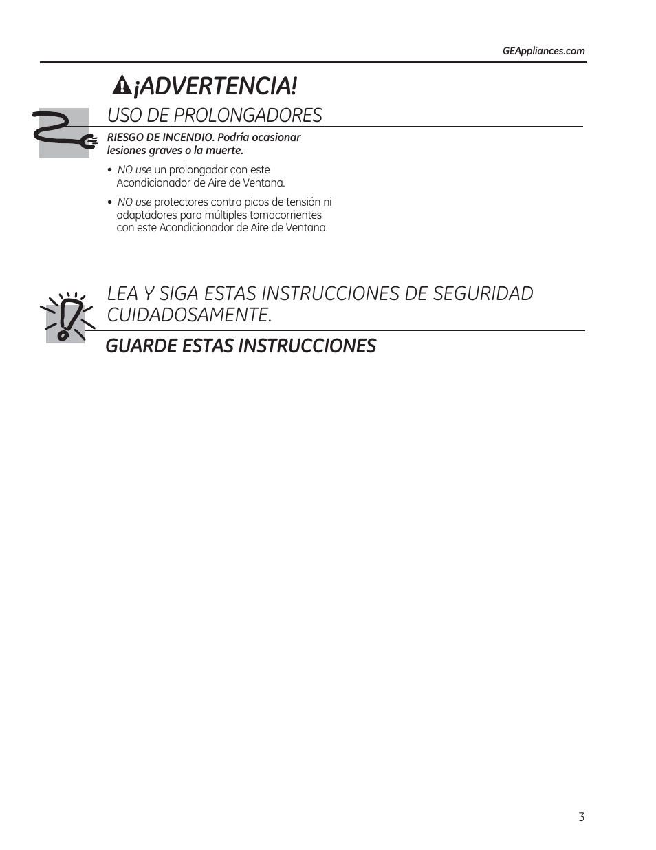 Advertencia, Uso de prolongadores | GE AEN08LQ User Manual | Page 19 / 32