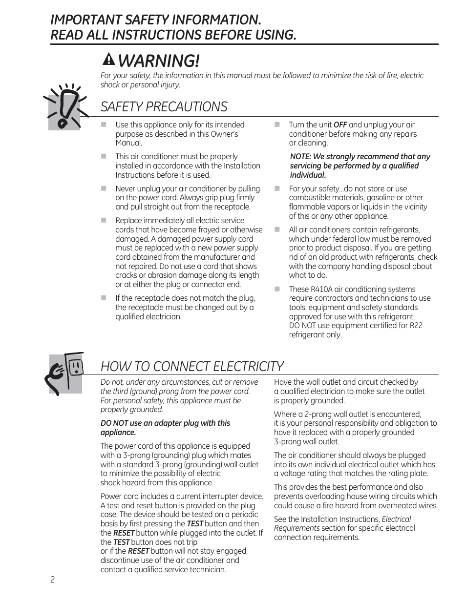 Warning, Safety precautions, How to connect electricity | GE AEN08LQ User Manual | Page 2 / 32