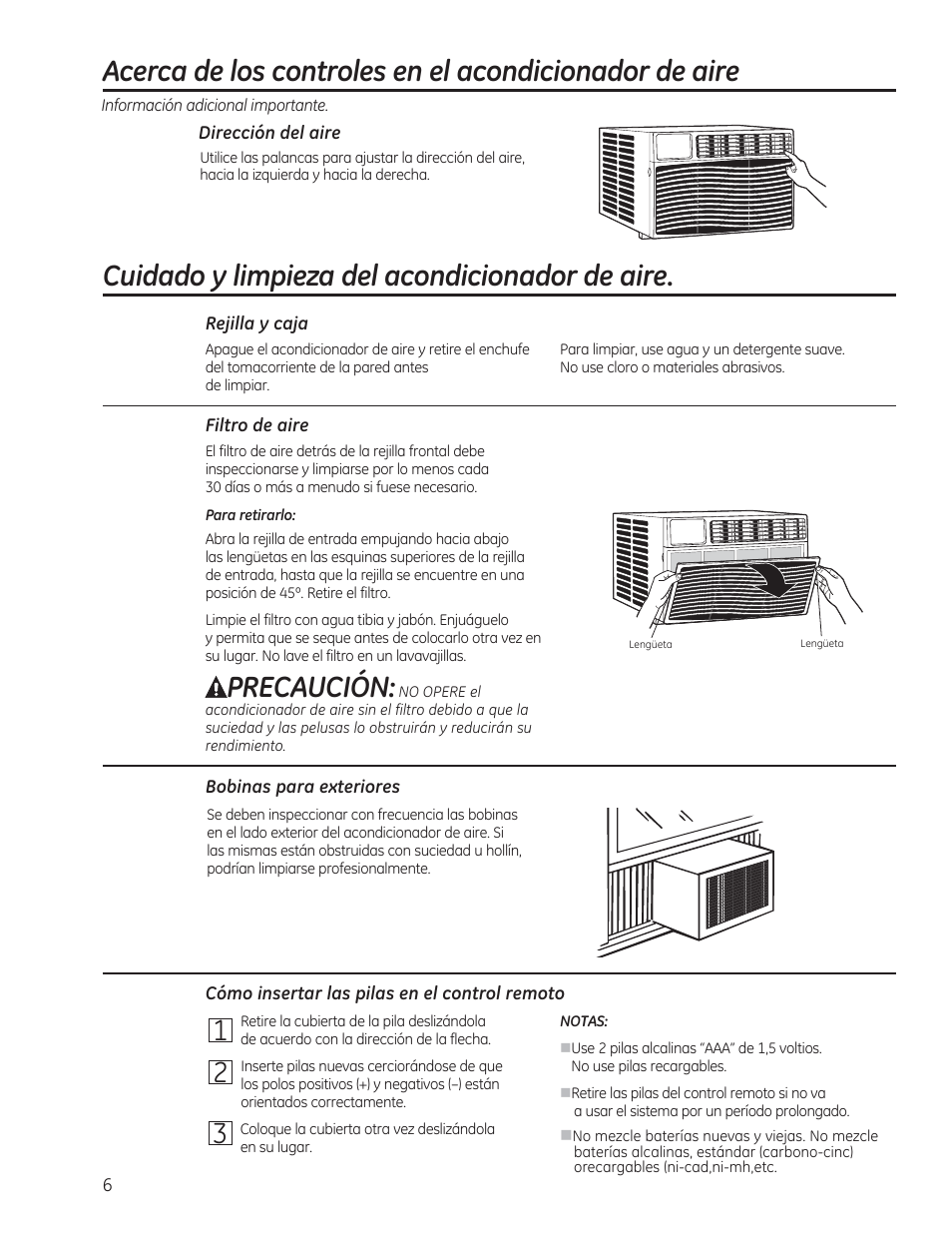 Cuidado y limpieza del acondicionador de aire, Precaución | GE AEN08LQ User Manual | Page 22 / 32