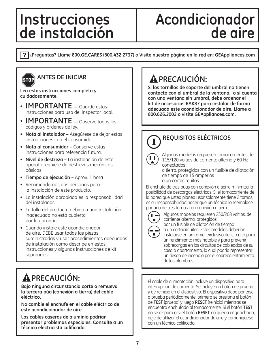 Instrucciones acondicionador, De instalación, De aire | Precaución, Importante | GE AEN08LQ User Manual | Page 23 / 32