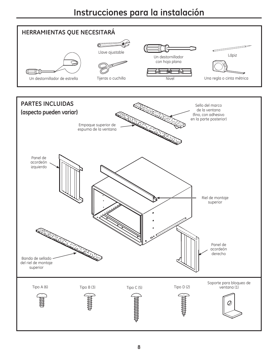 Instrucciones para la instalación, Partes incluidas (aspecto pueden variar), Herramientas que necesitará | GE AEN08LQ User Manual | Page 24 / 32