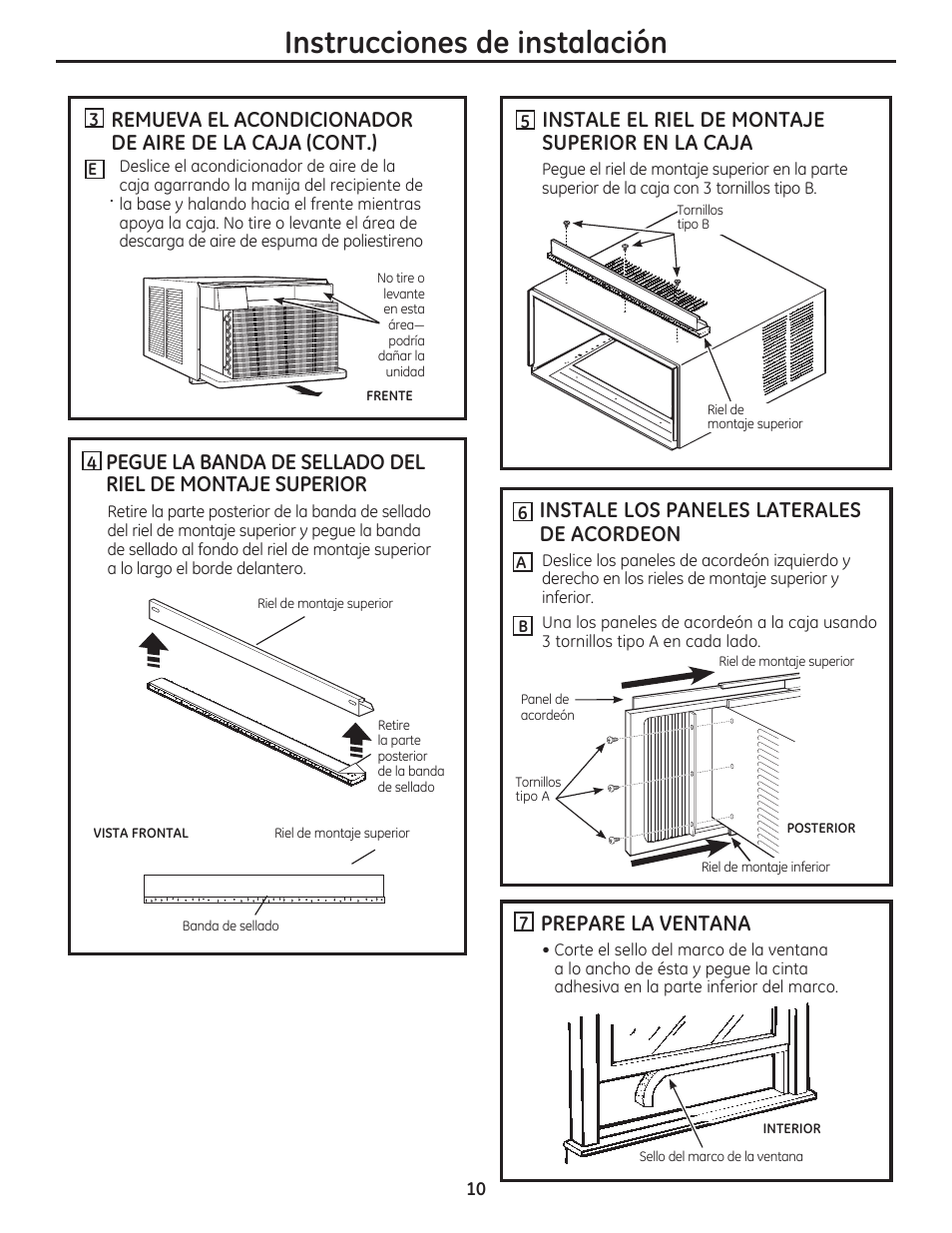 Instrucciones de instalación, Instale el riel de montaje superior en la caja, Instale los paneles laterales de acordeon | Prepare la ventana | GE AEN08LQ User Manual | Page 26 / 32