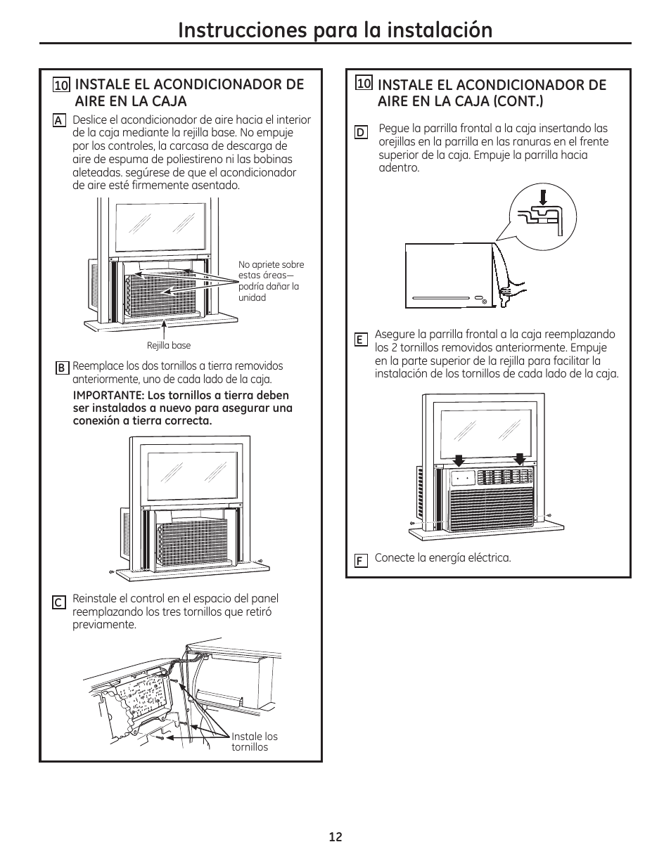 Instrucciones para la instalación, Instale el acondicionador de aire en la caja | GE AEN08LQ User Manual | Page 28 / 32