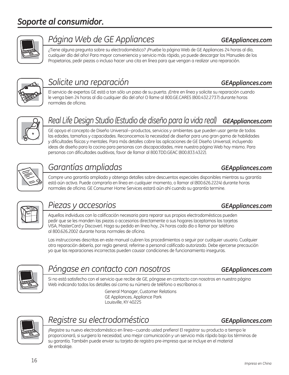 Soporte al consumidor. página web de ge appliances, Solicite una reparación, Piezas y accesorios | Póngase en contacto con nosotros, Registre su electrodoméstico, Garantías ampliadas | GE AEN08LQ User Manual | Page 32 / 32
