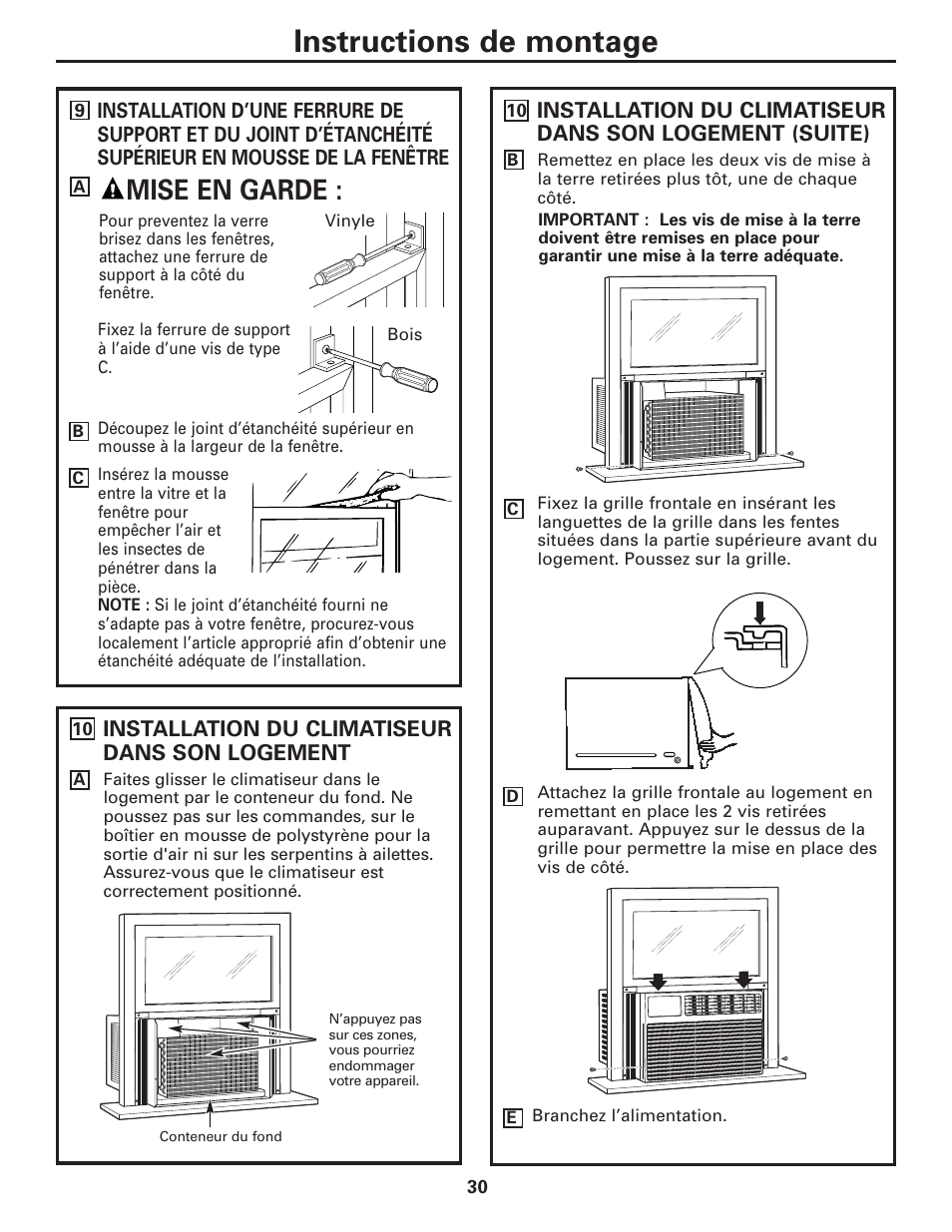 Instructions de montage, Mise en garde | GE AEQ12AQ User Manual | Page 30 / 52