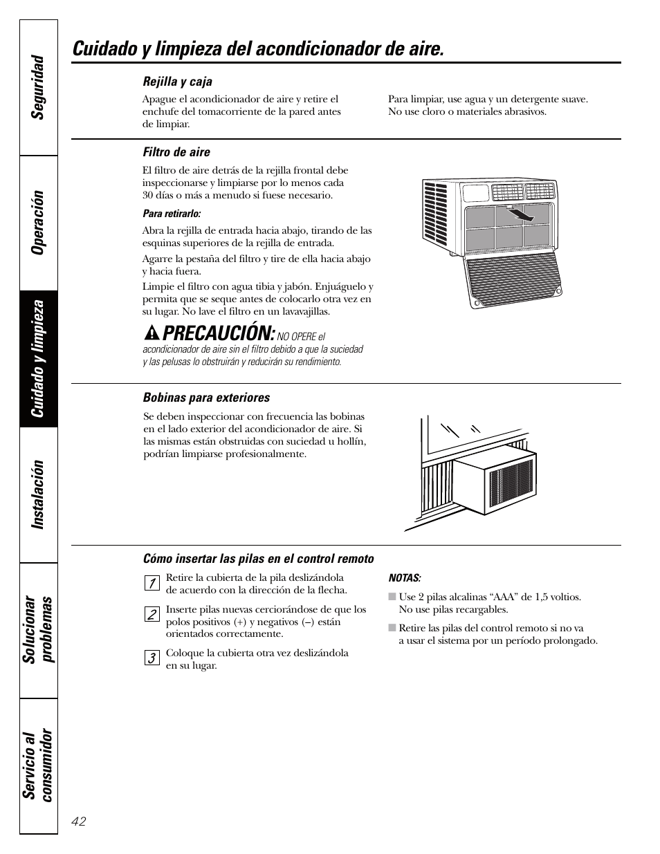 Bobinas para exteriores, Filtro de aire, Bobinas para exteriores filtro de aire | Cuidado y limpieza del acondicionador de aire, Precaución | GE AEQ12AQ User Manual | Page 42 / 52