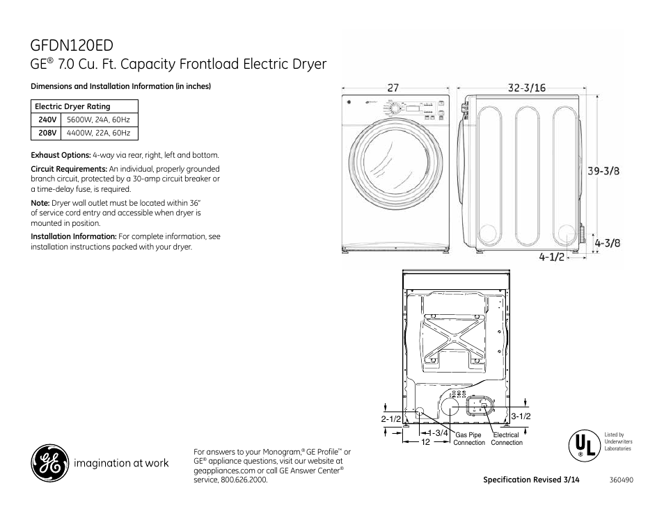 GE GFDN120EDWW User Manual | 4 pages