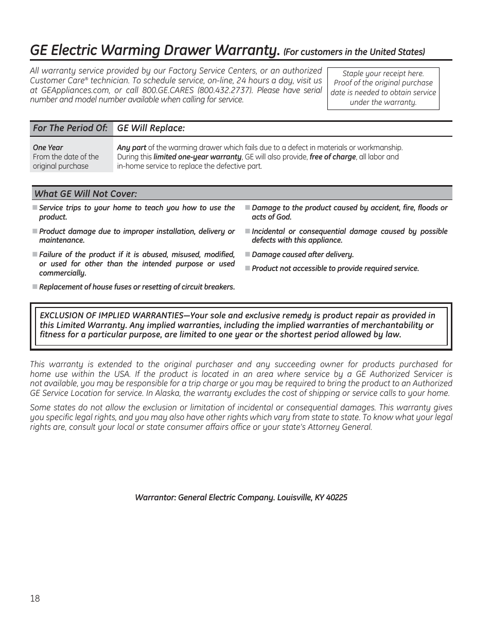 Ge electric warming drawer warranty | GE PW9000SFSS User Manual | Page 18 / 20