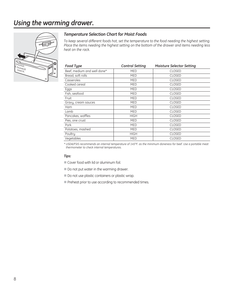 Using the warming drawer, Temperature selection chart for moist foods | GE PW9000SFSS User Manual | Page 8 / 20