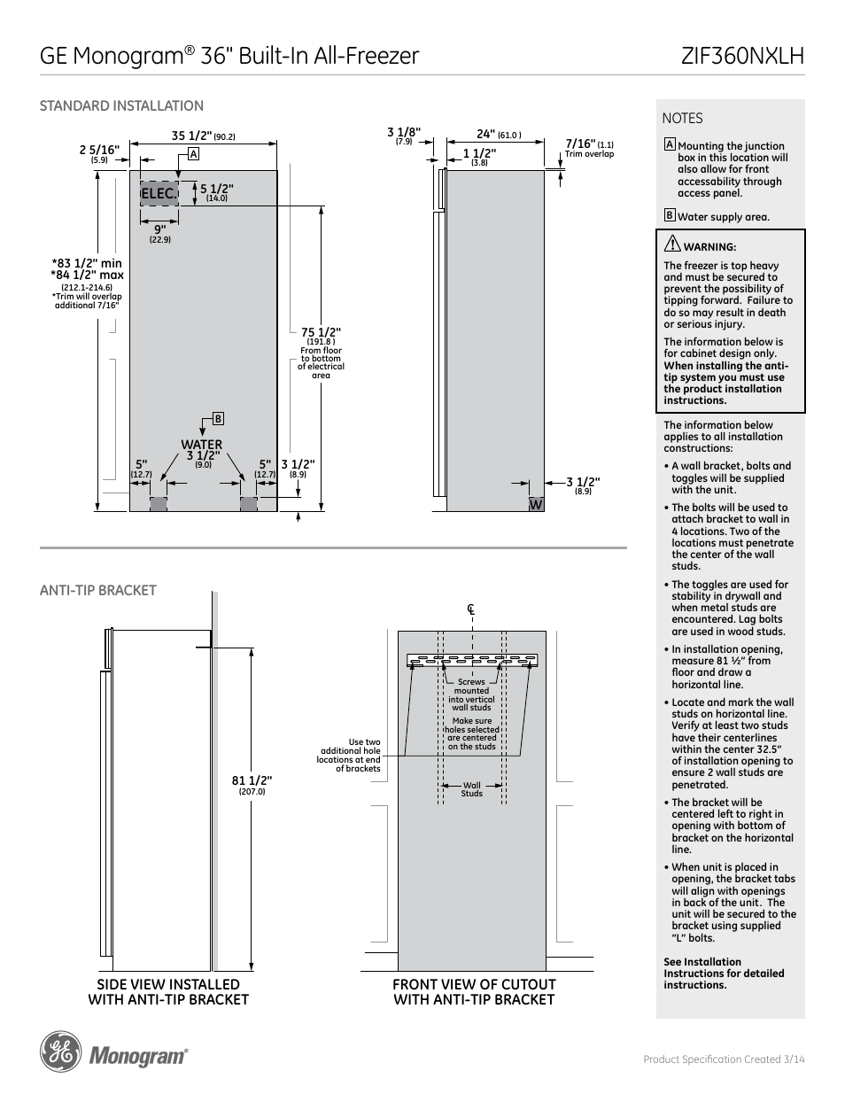 Zif360nxlh ge monogram, 36" built-in all-freezer, Zif360nxlh | Standard installation anti-tip bracket, Front view, Elec, Front view of cutout with anti-tip bracket | GE ZIF360NXLH User Manual | Page 2 / 6