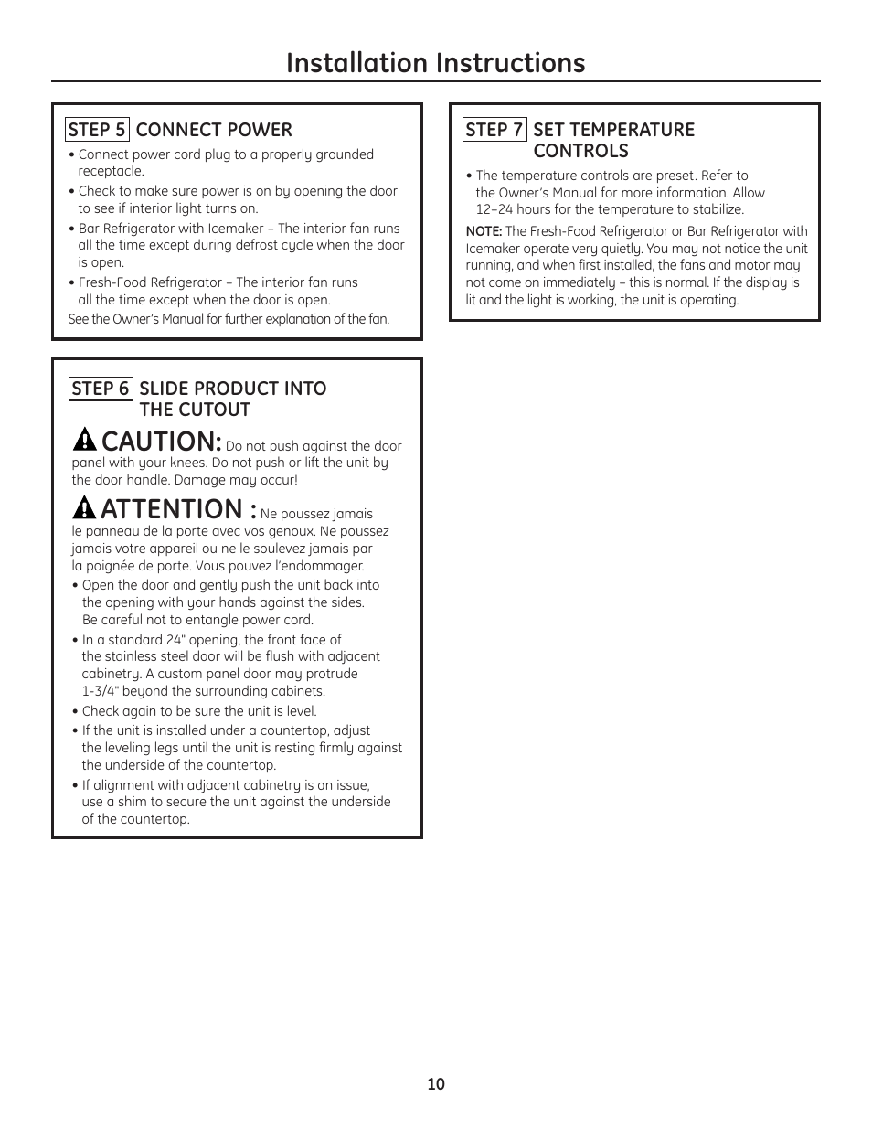 Step 5, connect power, Step 6, slide product into cutout, Step 7, set temperature controls | Caution, Attention, Installation instructions, Step 6 slide product into the cutout, Step 5 connect power, Step 7 set temperature controls | GE ZIBS240PSS User Manual | Page 10 / 12