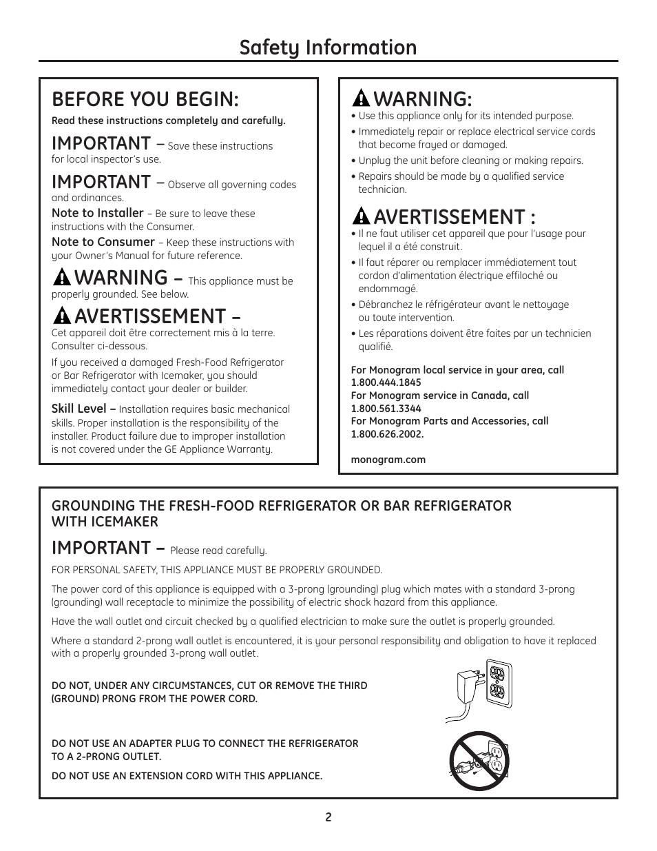 Safety information, Before you begin, Warning | Avertissement, Important | GE ZIBS240PSS User Manual | Page 2 / 12