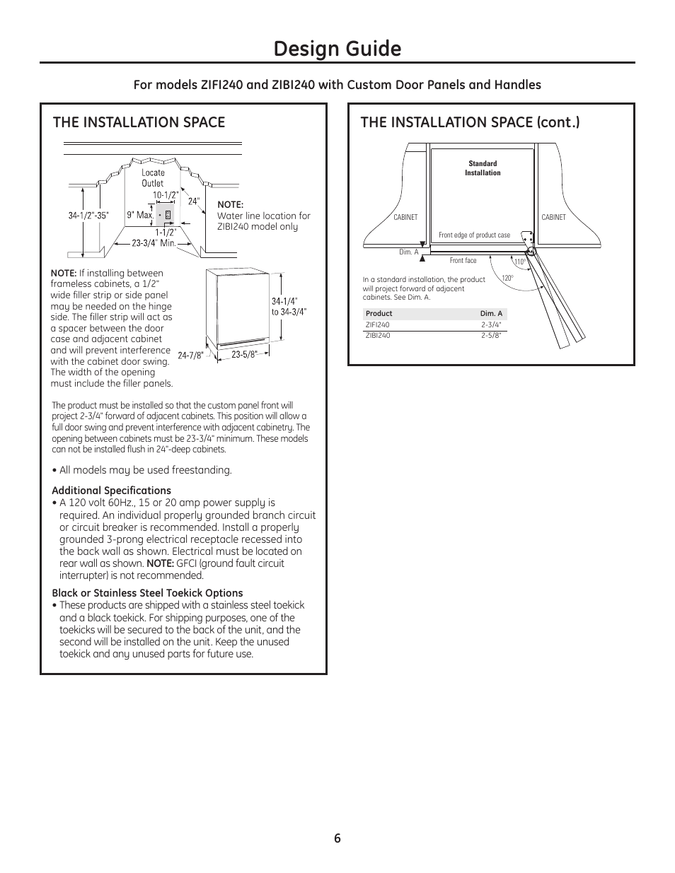 The installation space, Design guide, The installation space (cont.) | GE ZIBS240PSS User Manual | Page 6 / 12