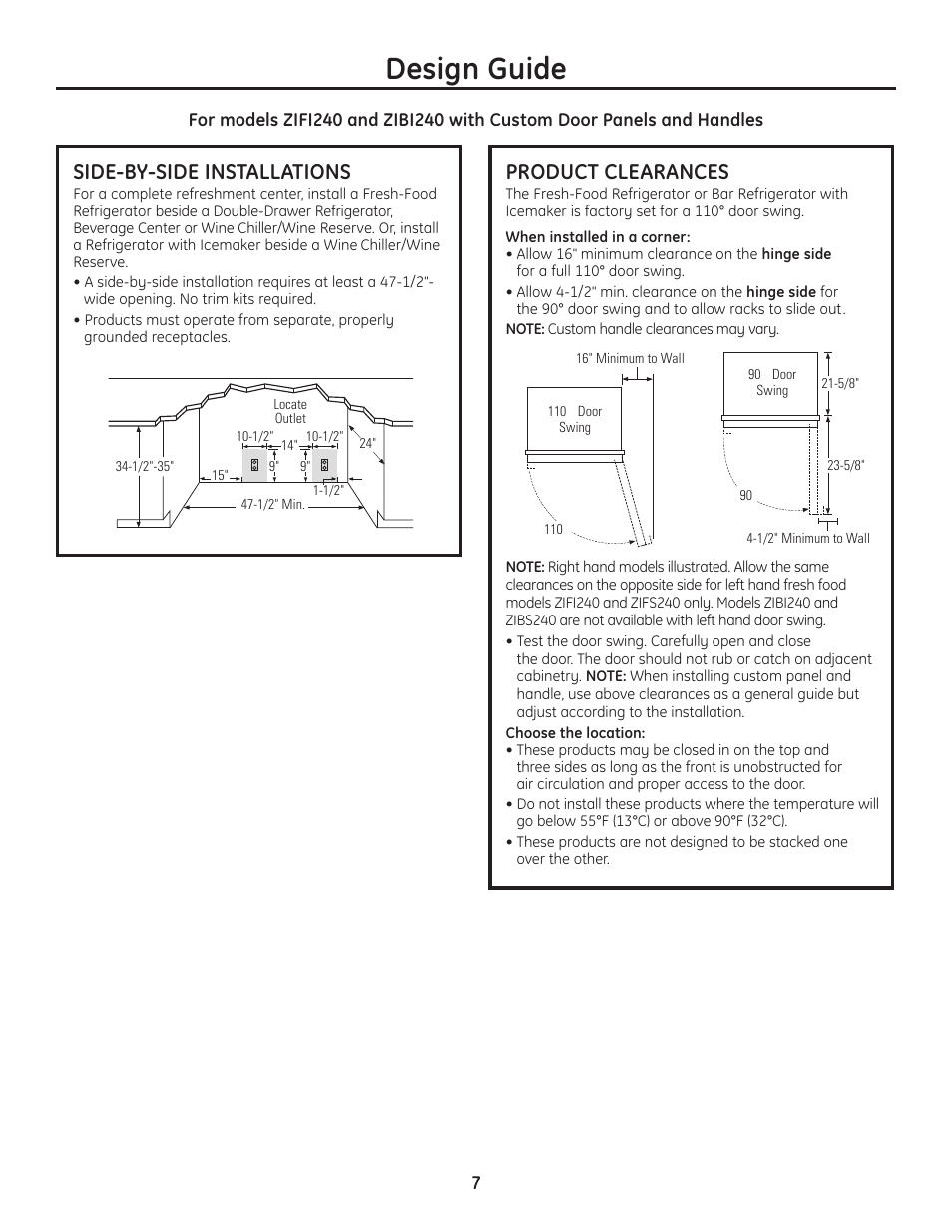 Side-by-side installations, Product clearances, Design guide | GE ZIBS240PSS User Manual | Page 7 / 12