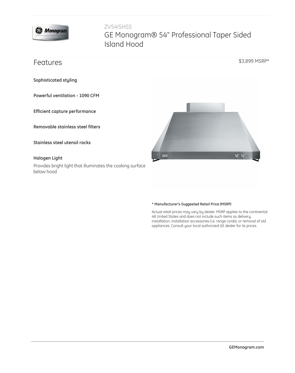 GE ZV54ISHSS User Manual | 3 pages