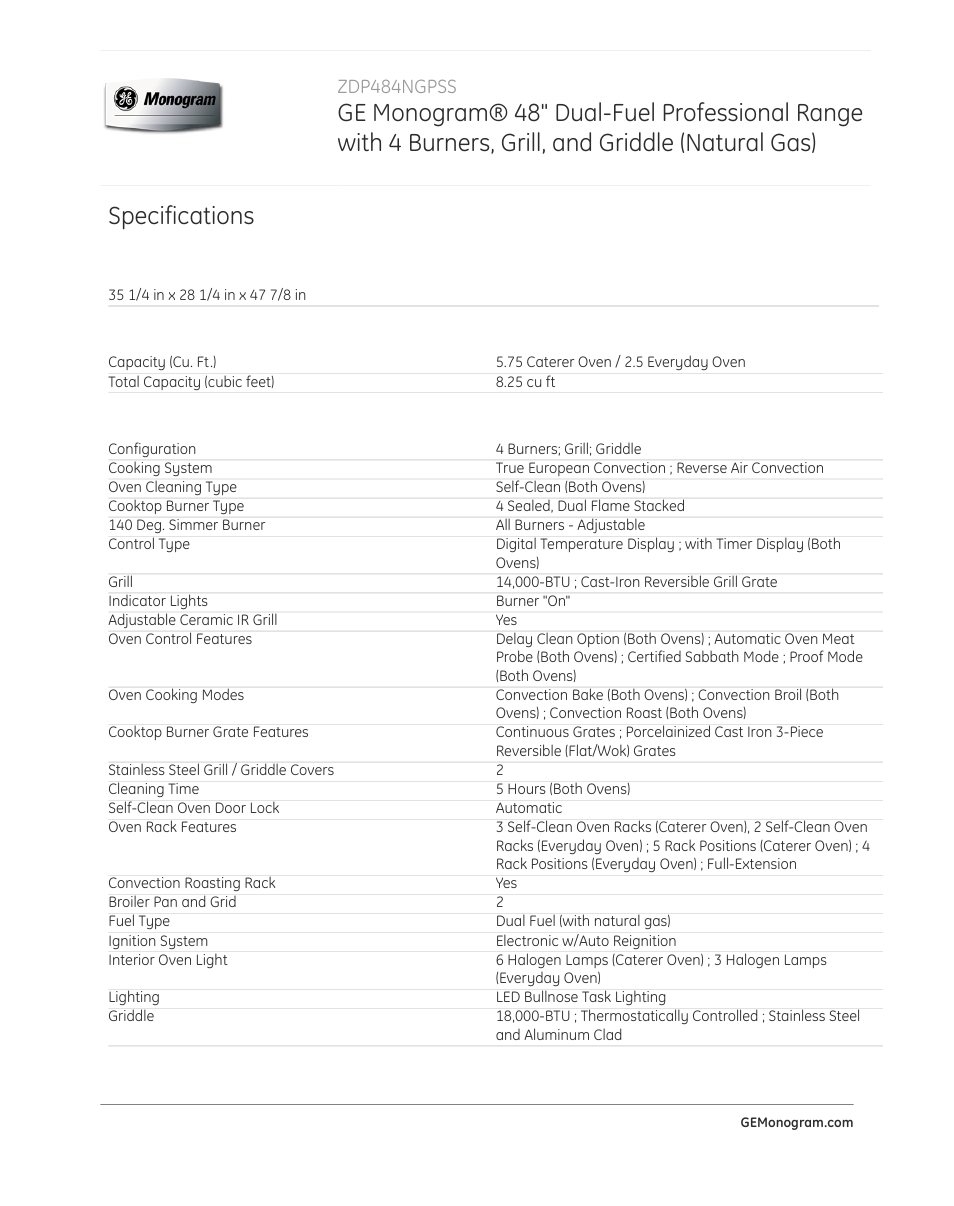 Specifications, Zdp484ngpss | GE ZDP484NGPSS User Manual | Page 3 / 4