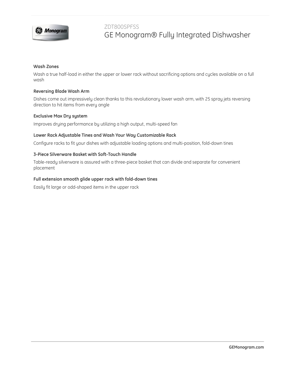 Ge monogram® fully integrated dishwasher | GE ZDT800SPFSS User Manual | Page 2 / 5