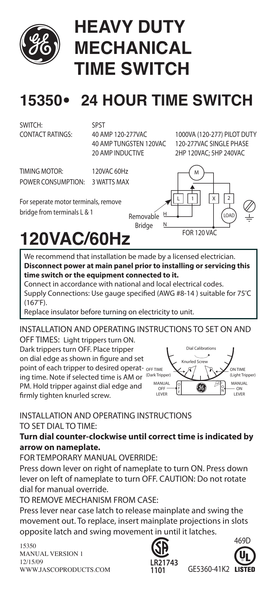 GE 15350 Heavy Duty Mechanical Time Switch User Manual | 3 pages