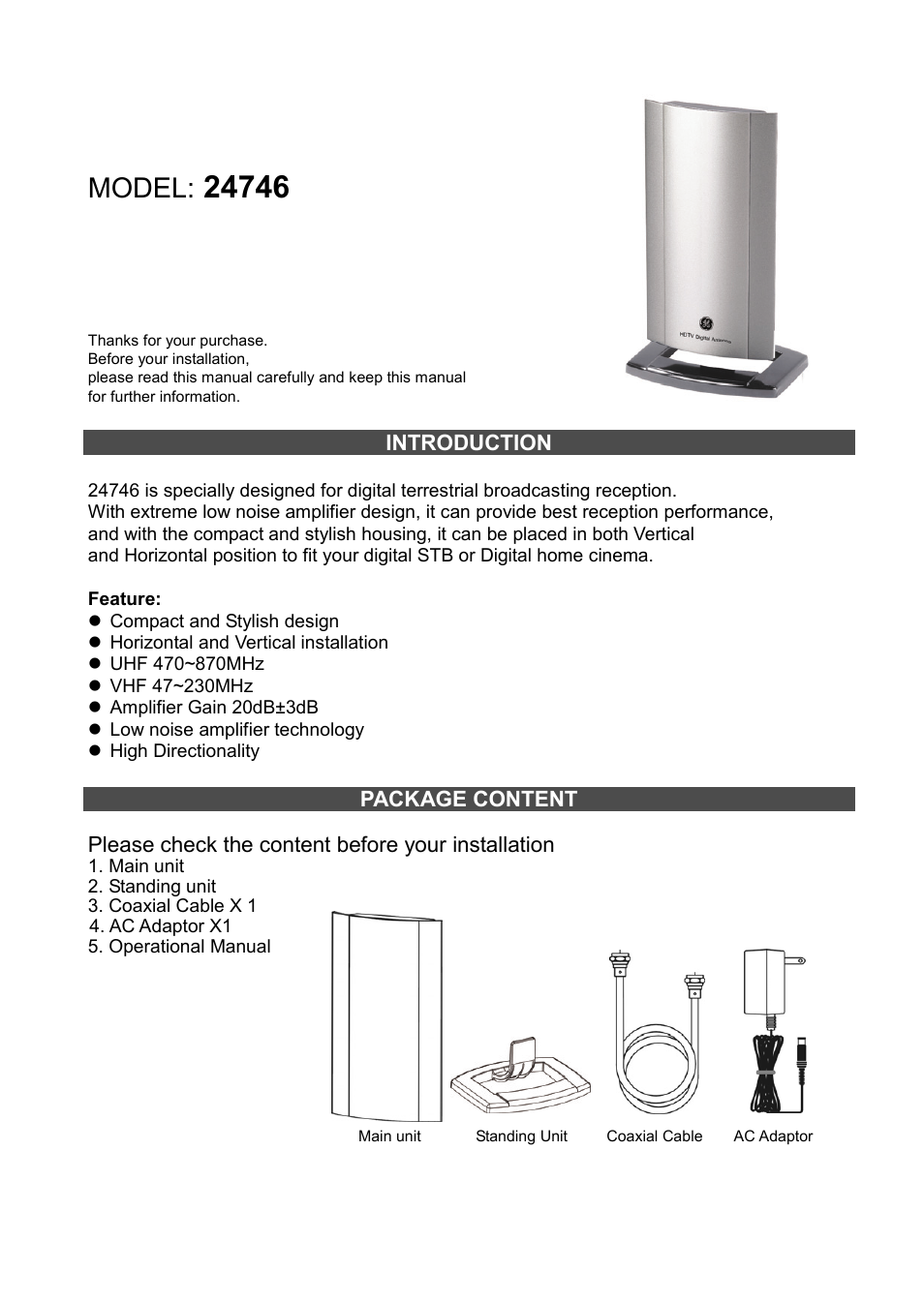 GE 24746 GE Futura TV Antenna User Manual | 4 pages