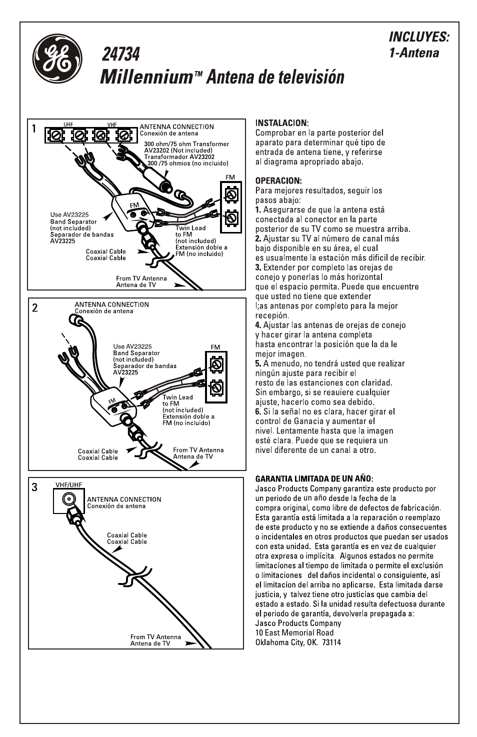 Millennium™ antena de televisión, Incluyes, Antena | Incluyes: 1-antena | GE 24734 GE Millennium TV Antenna User Manual | Page 2 / 2
