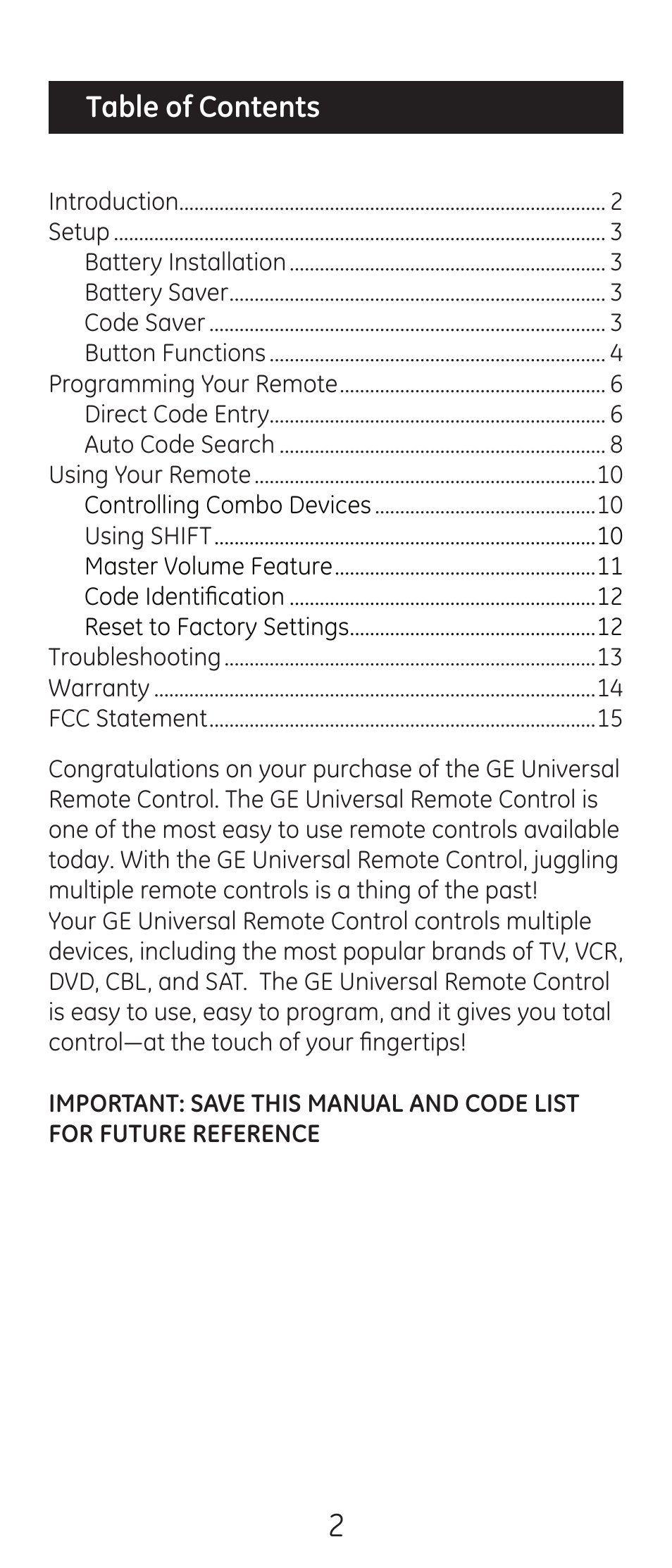 GE 24993-v2 GE Universal Remote Control User Manual | Page 2 / 44