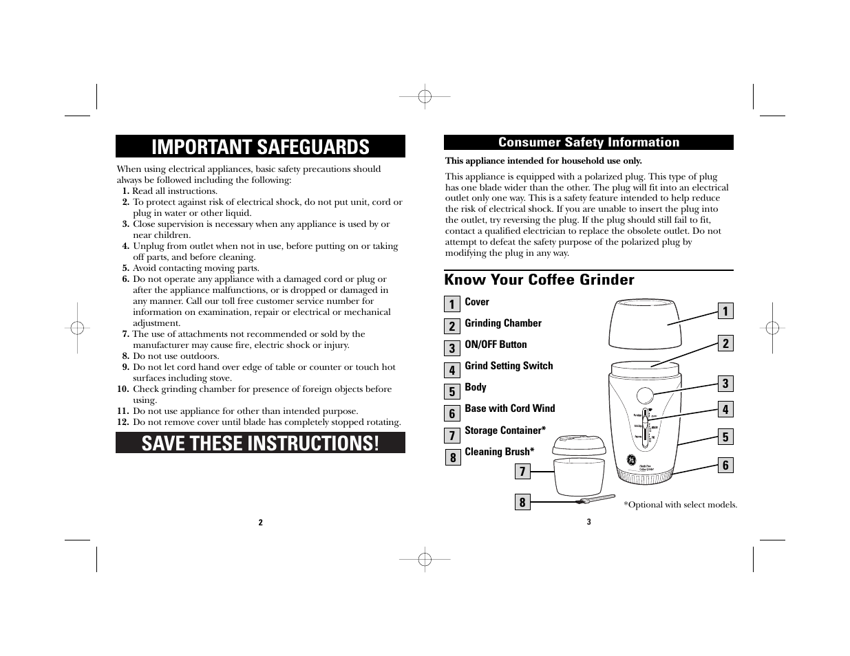 Save these instructions, Important safeguards, Know your coffee grinder | GE 169028 User Manual | Page 2 / 8