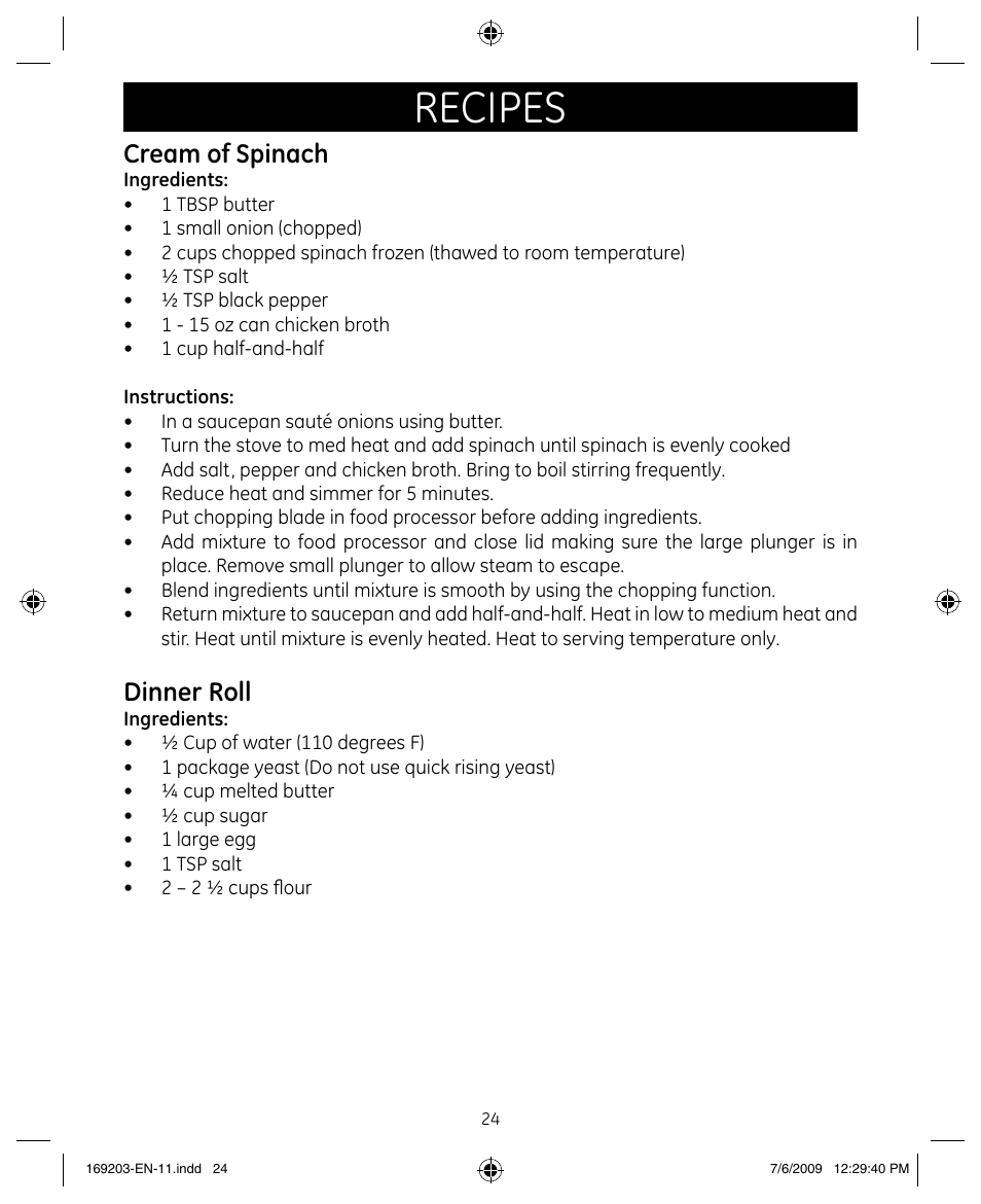 Recipes, Cream of spinach, Dinner roll | GE 169203 User Manual | Page 24 / 27