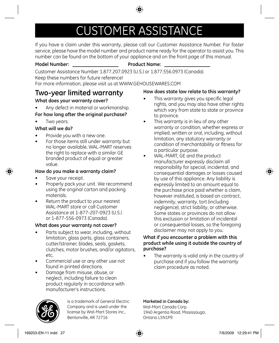 Customer assistance, Two-year limited warranty | GE 169203 User Manual | Page 27 / 27