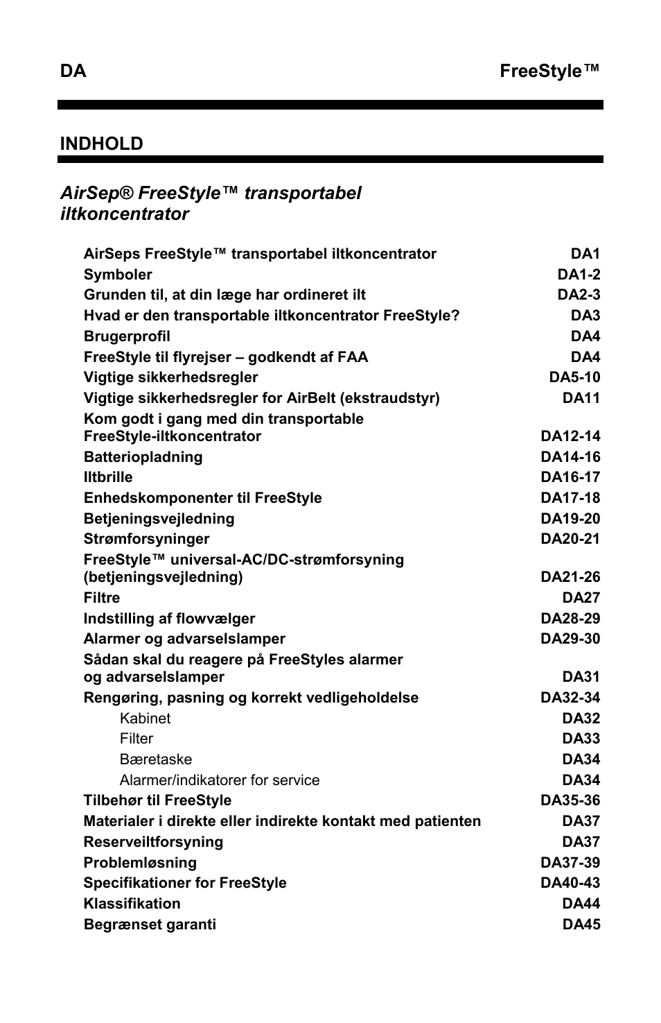 Freestyle, Indhold, Airsep® freestyle™ transportabel iltkoncentrator | AirSep MN131-1 B User Manual | Page 462 / 556