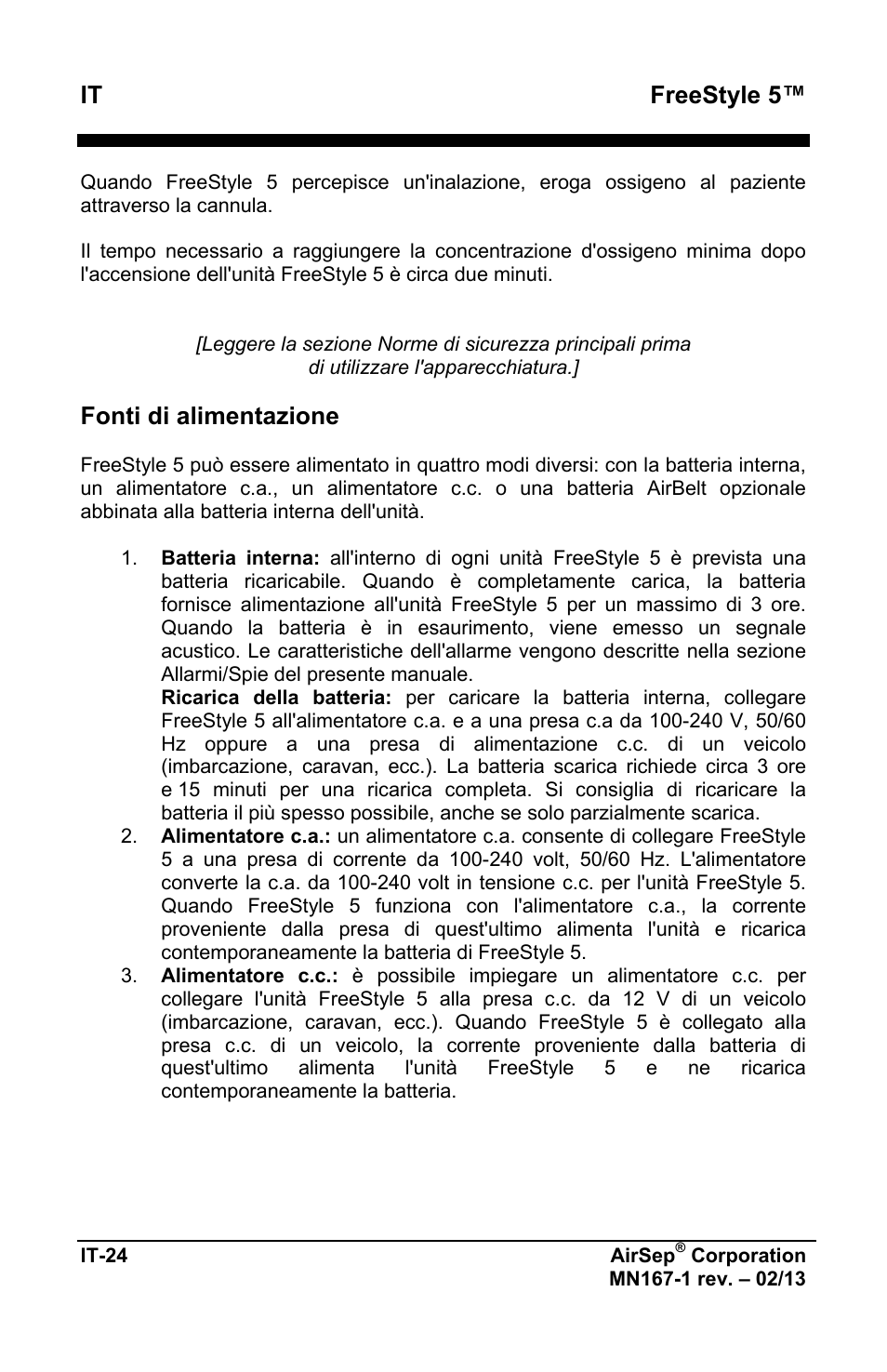 It freestyle 5, Fonti di alimentazione | AirSep MN167-1 User Manual | Page 266 / 520
