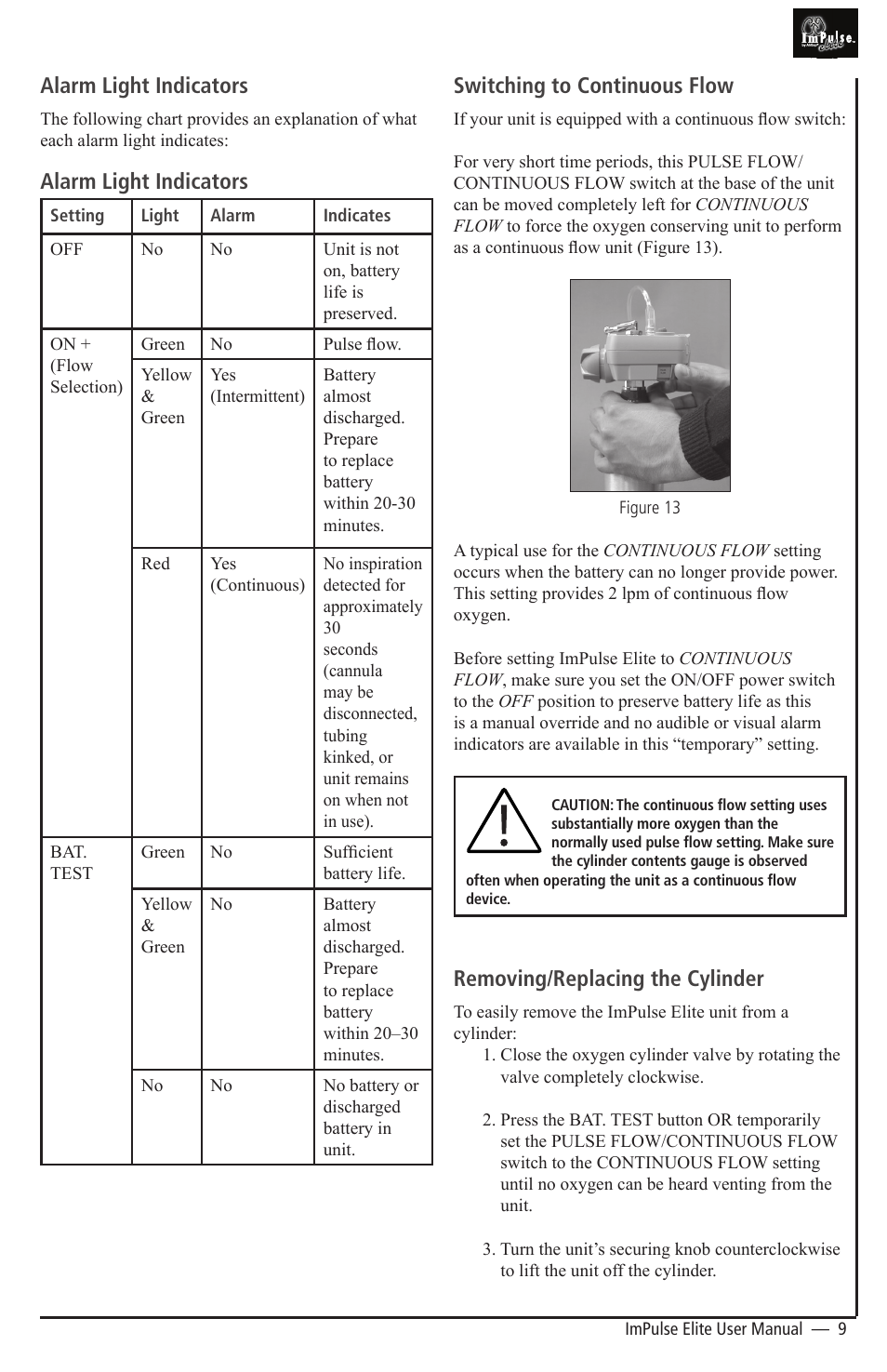 Alarm light indicators, Switching to continuous flow, Removing/replacing the cylinder | AirSep MN092-1 D User Manual | Page 9 / 13