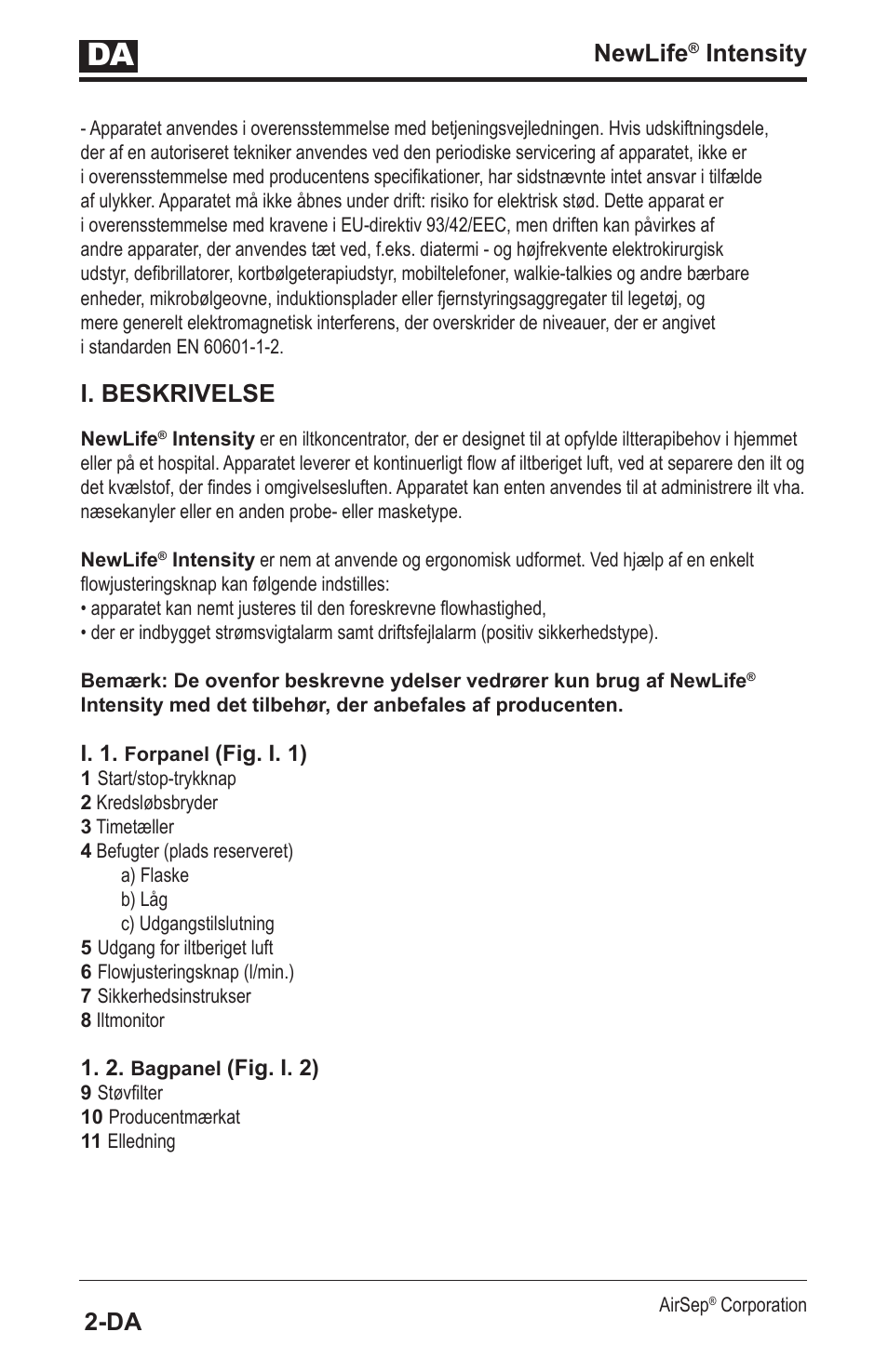 Newlife, Intensity, I. beskrivelse | AirSep MN139-1 User Manual | Page 132 / 144
