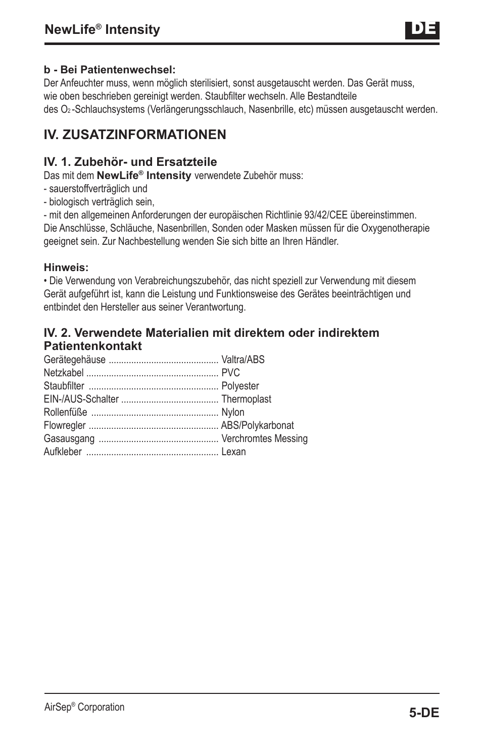 Newlife, Intensity, Iv. zusatzinformationen | AirSep MN139-1 User Manual | Page 23 / 144