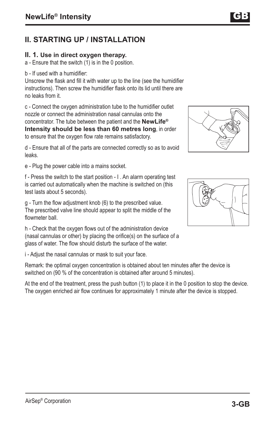 Newlife, Intensity, Ii. starting up / installation | AirSep MN139-1 User Manual | Page 63 / 144