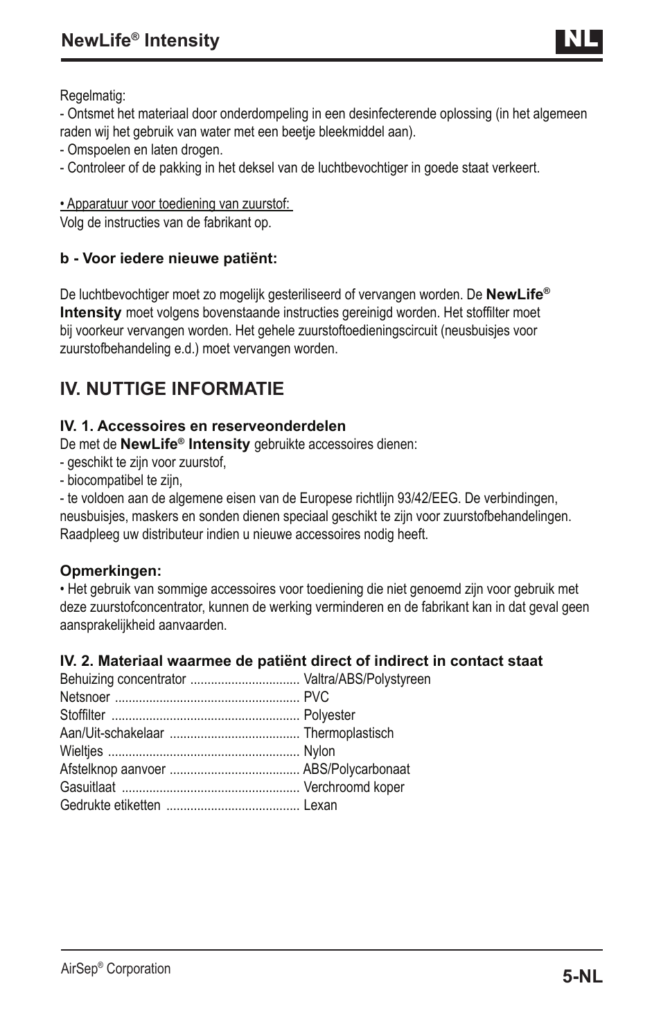 Newlife, Intensity, Iv. nuttige informatie | AirSep MN139-1 User Manual | Page 93 / 144