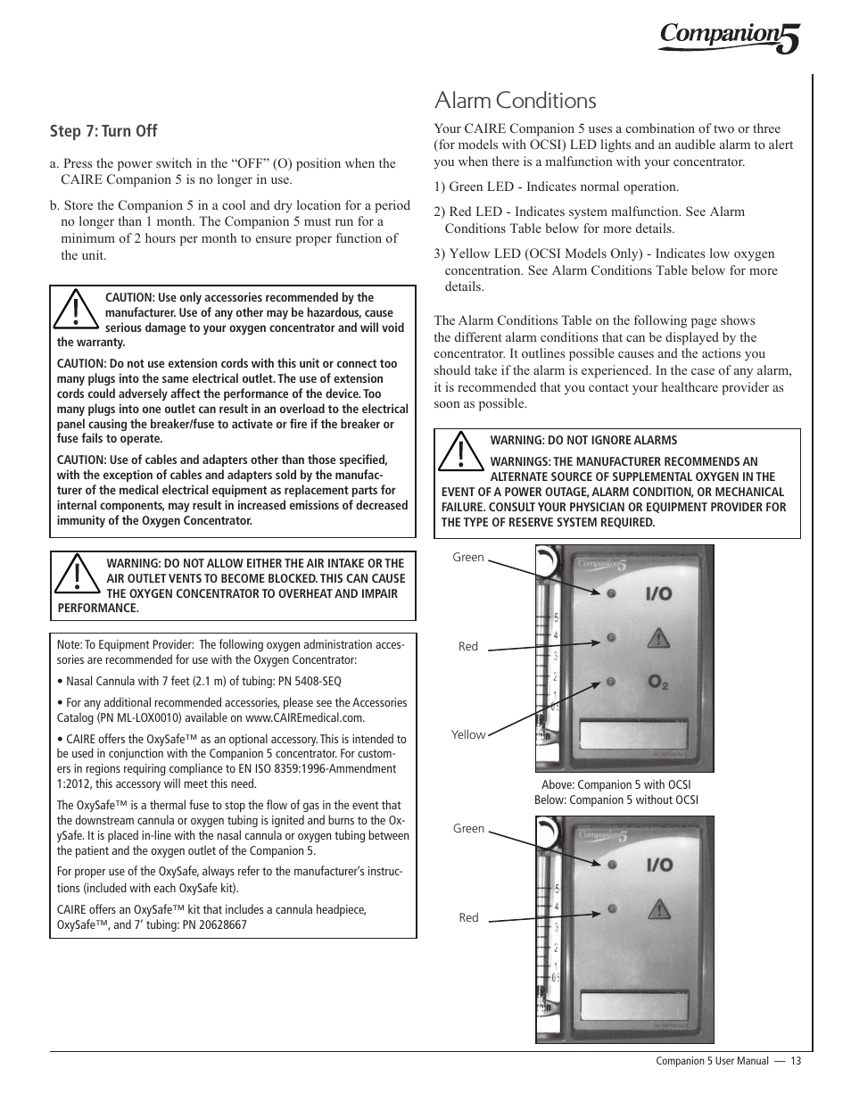 Alarm conditions | AirSep 15062781 User Manual | Page 13 / 16
