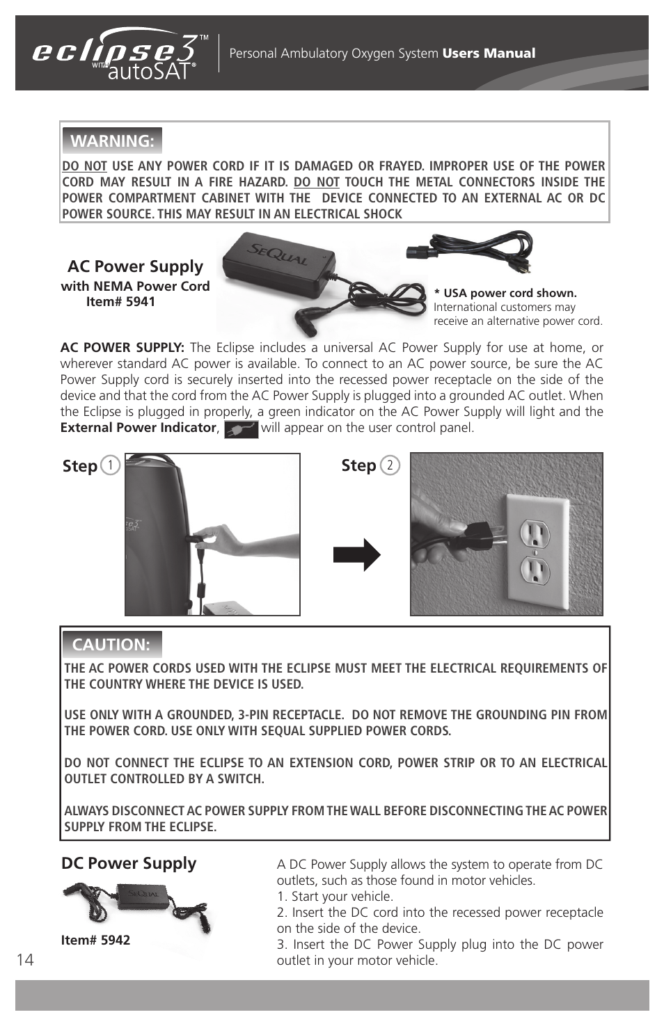Ac power supply, Step, Warning: caution | Dc power supply | AirSep 4111-7 User Manual | Page 14 / 95